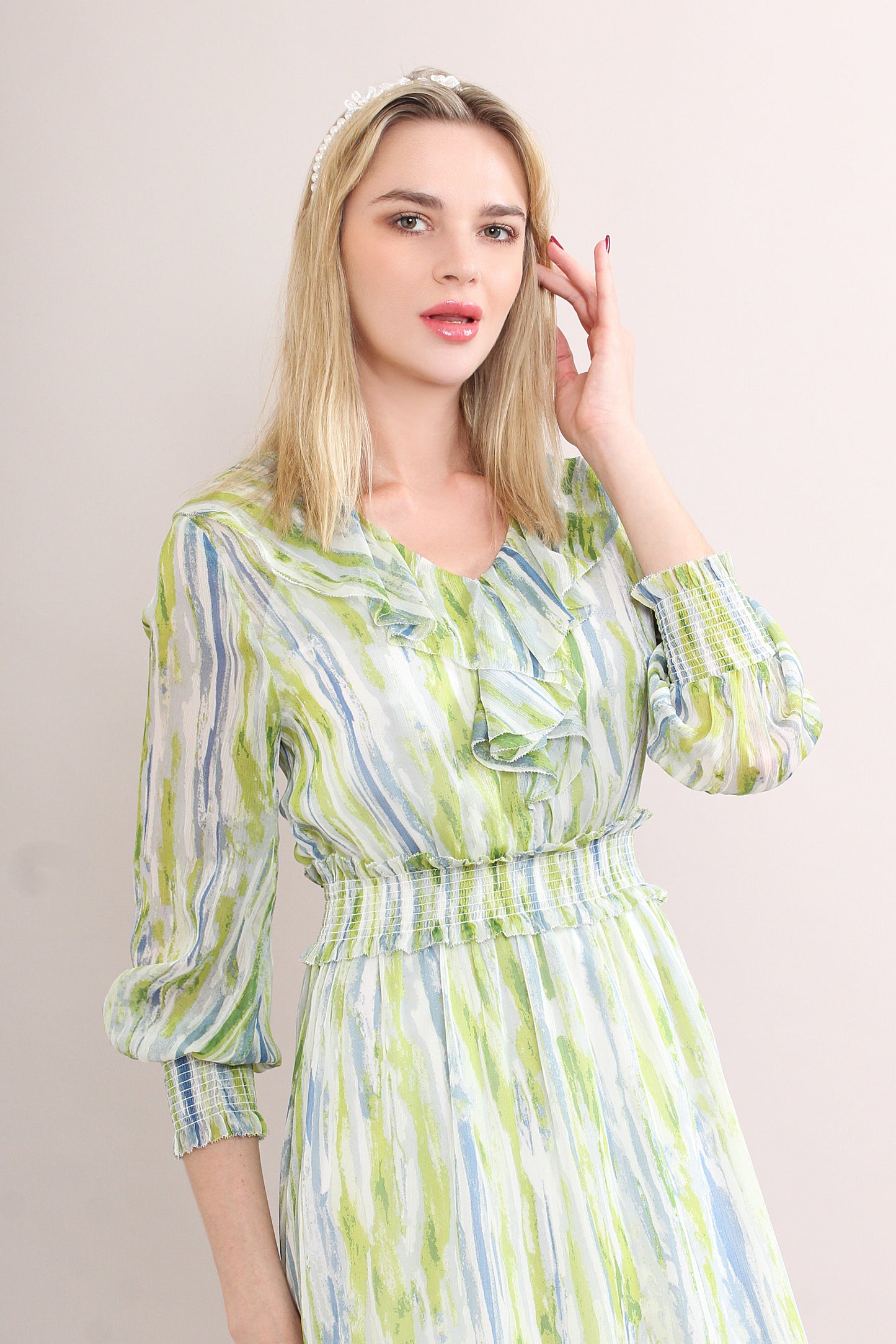 Ruffle V Neck Detail Patchwork Print Blouse
