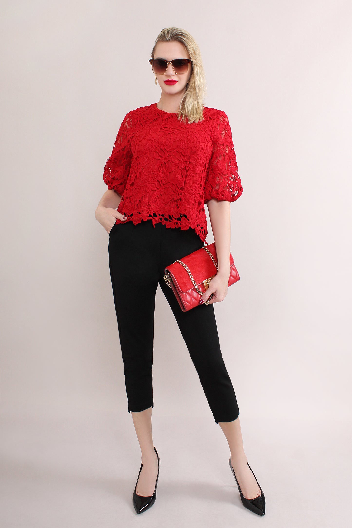 U Neck Loose Embroidered Mesh Midi Puff Sleeve Blouse