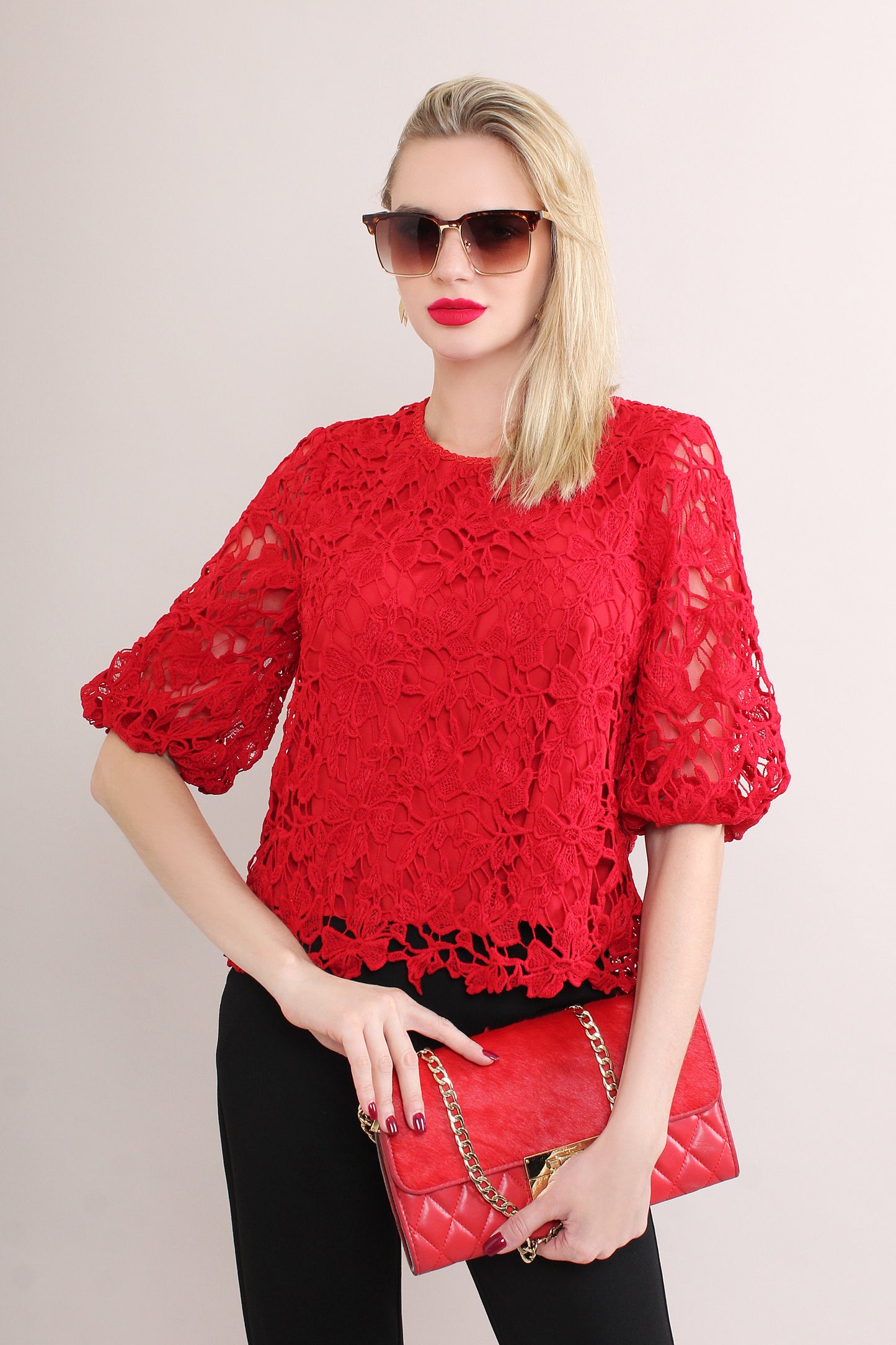 U Neck Loose Embroidered Mesh Midi Puff Sleeve Blouse
