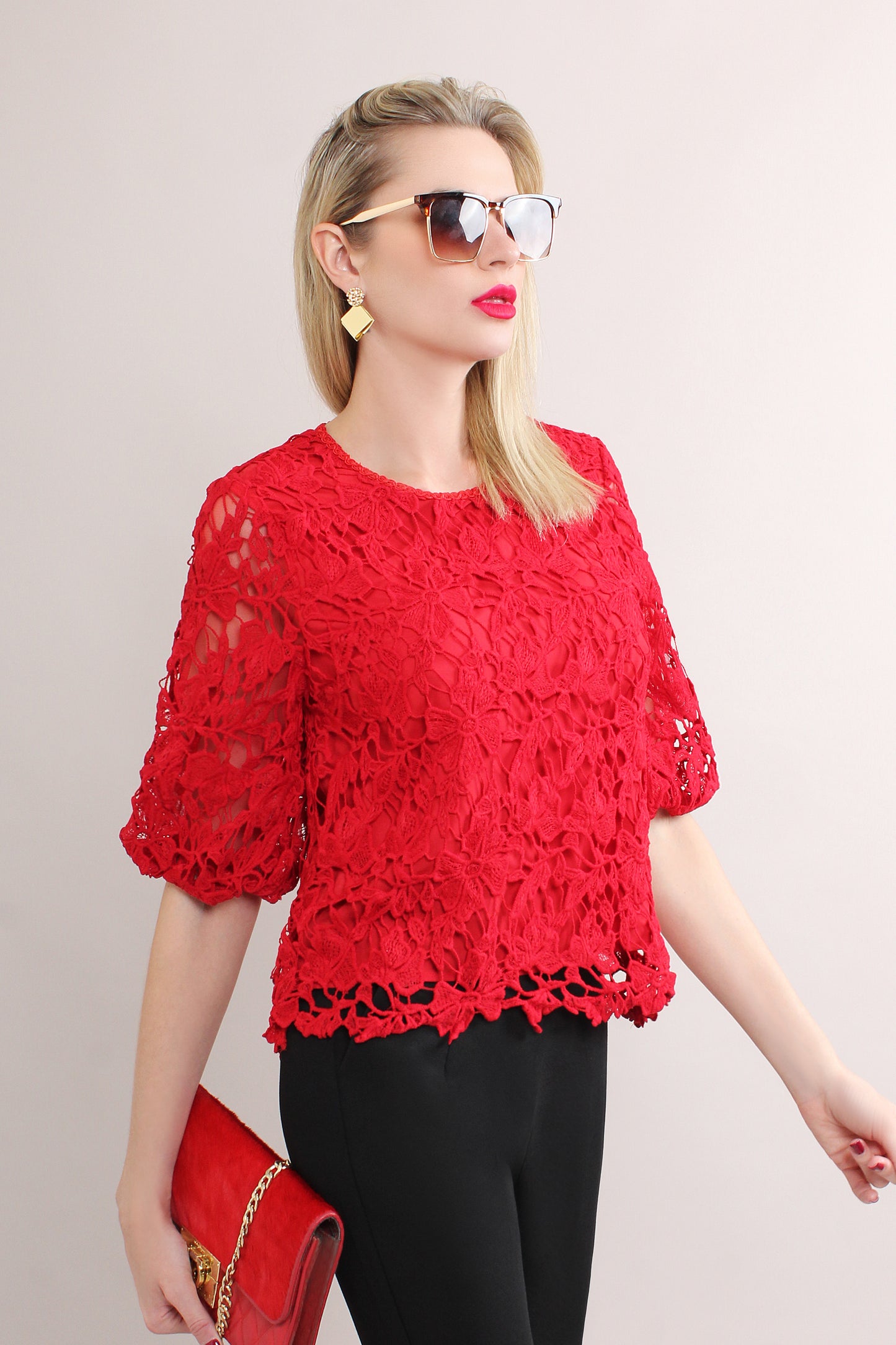 U Neck Loose Embroidered Mesh Midi Puff Sleeve Blouse