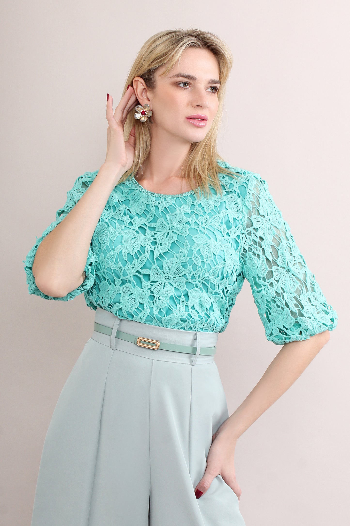 U Neck Loose Embroidered Mesh Midi Puff Sleeve Blouse