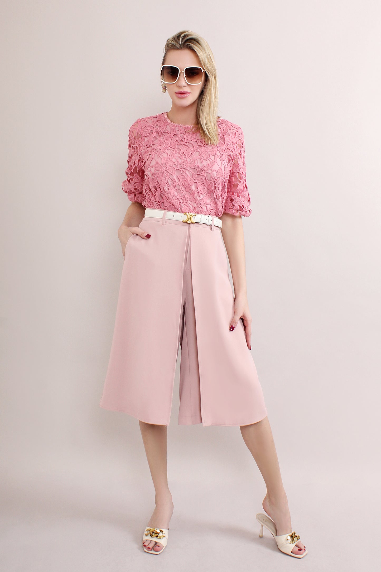 U Neck Loose Embroidered Mesh Midi Puff Sleeve Blouse