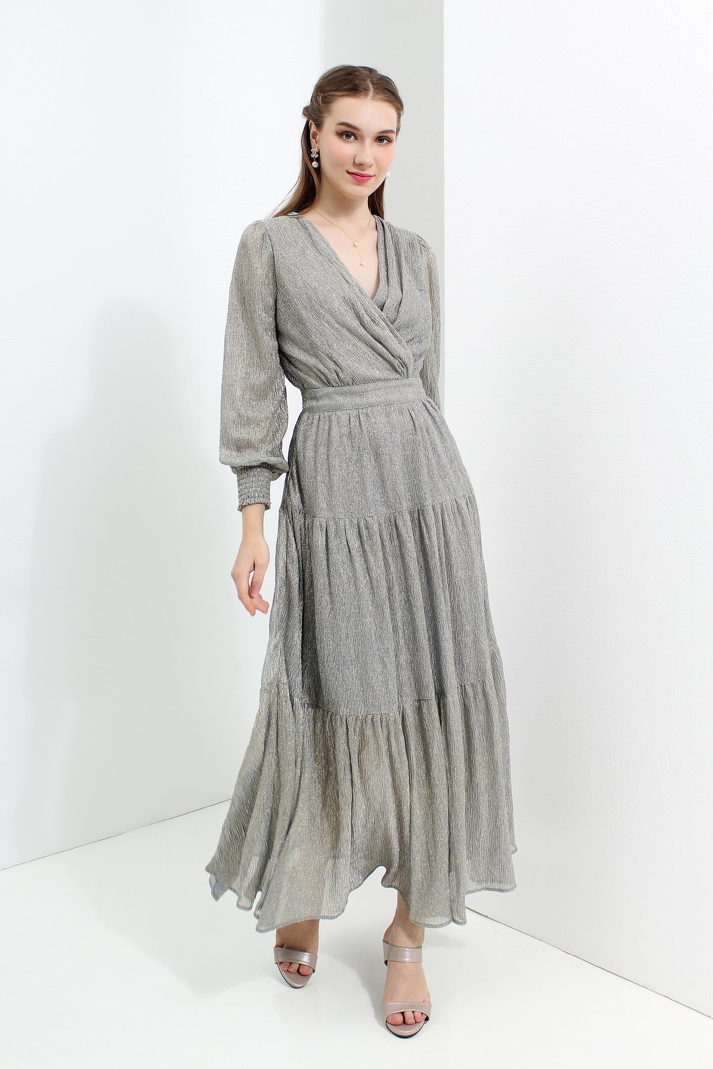 Serena Metallic Chiffon Maxi Dress
