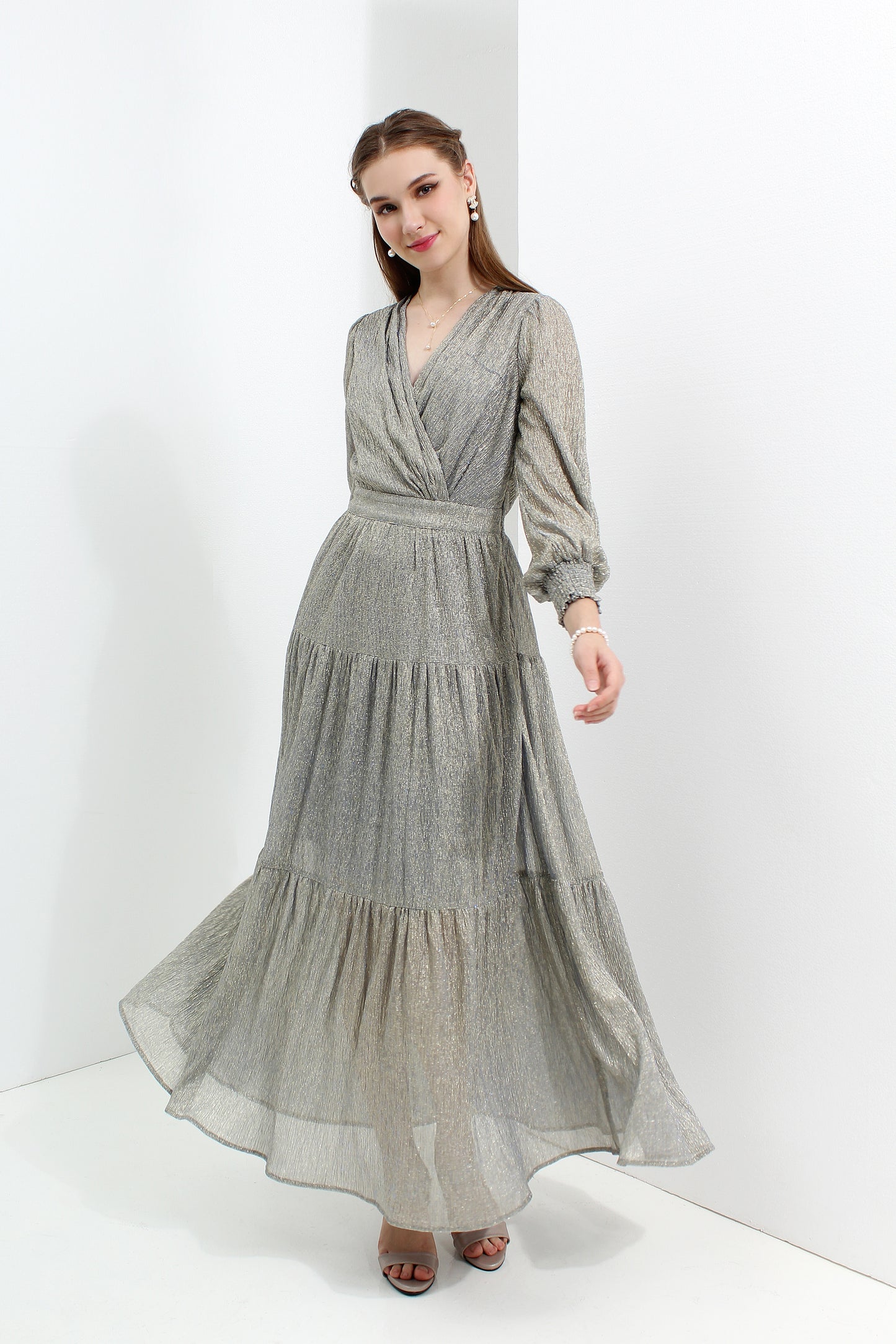 Serena Metallic Chiffon Maxi Dress