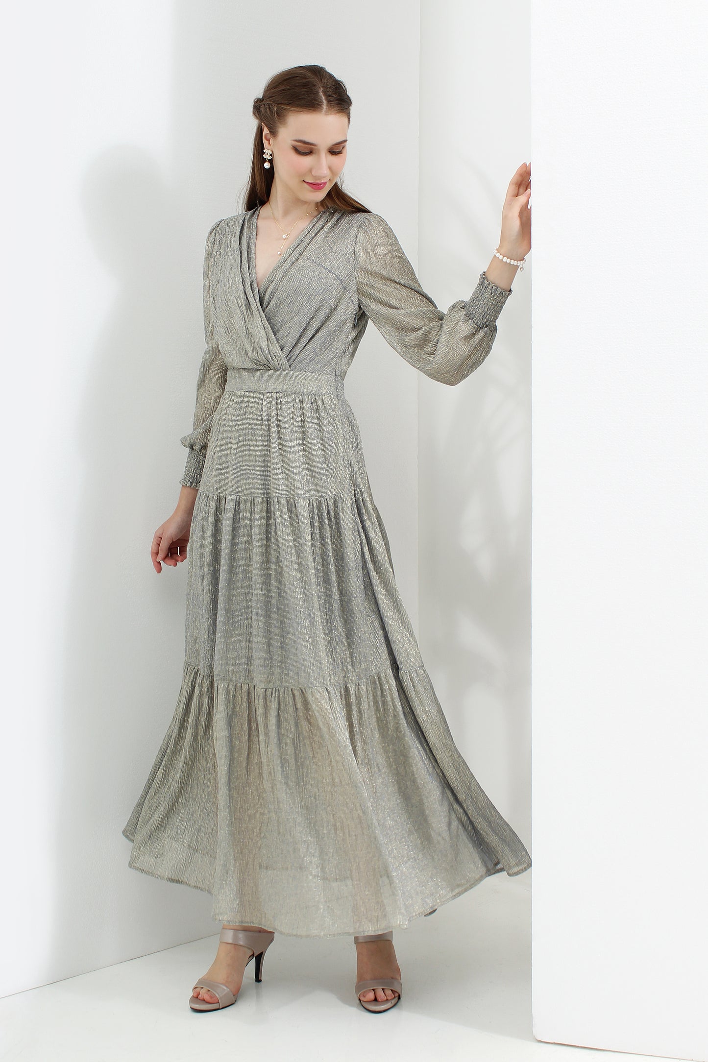 Serena Metallic Chiffon Maxi Dress