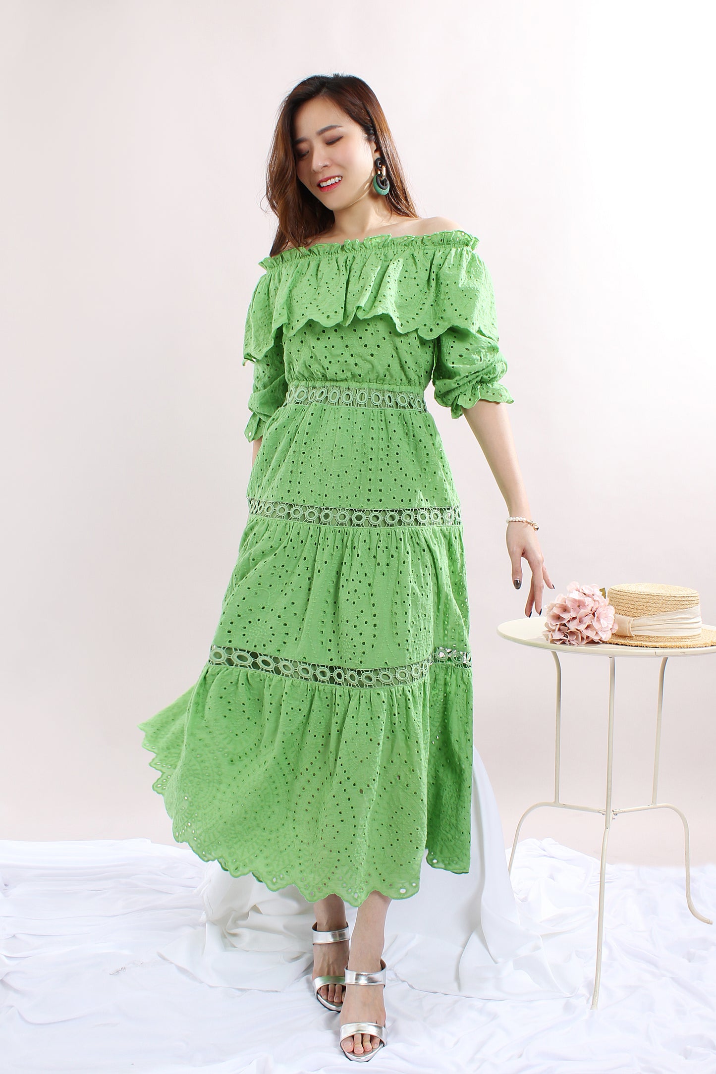 Ruffle Trim Off-Shoulder Lace Dress