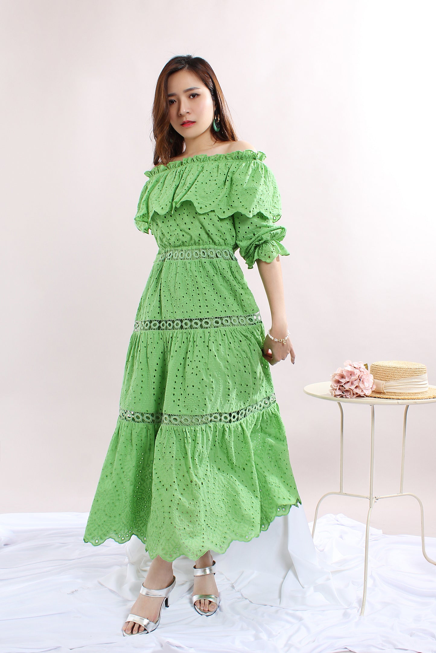 Ruffle Trim Off-Shoulder Lace Dress