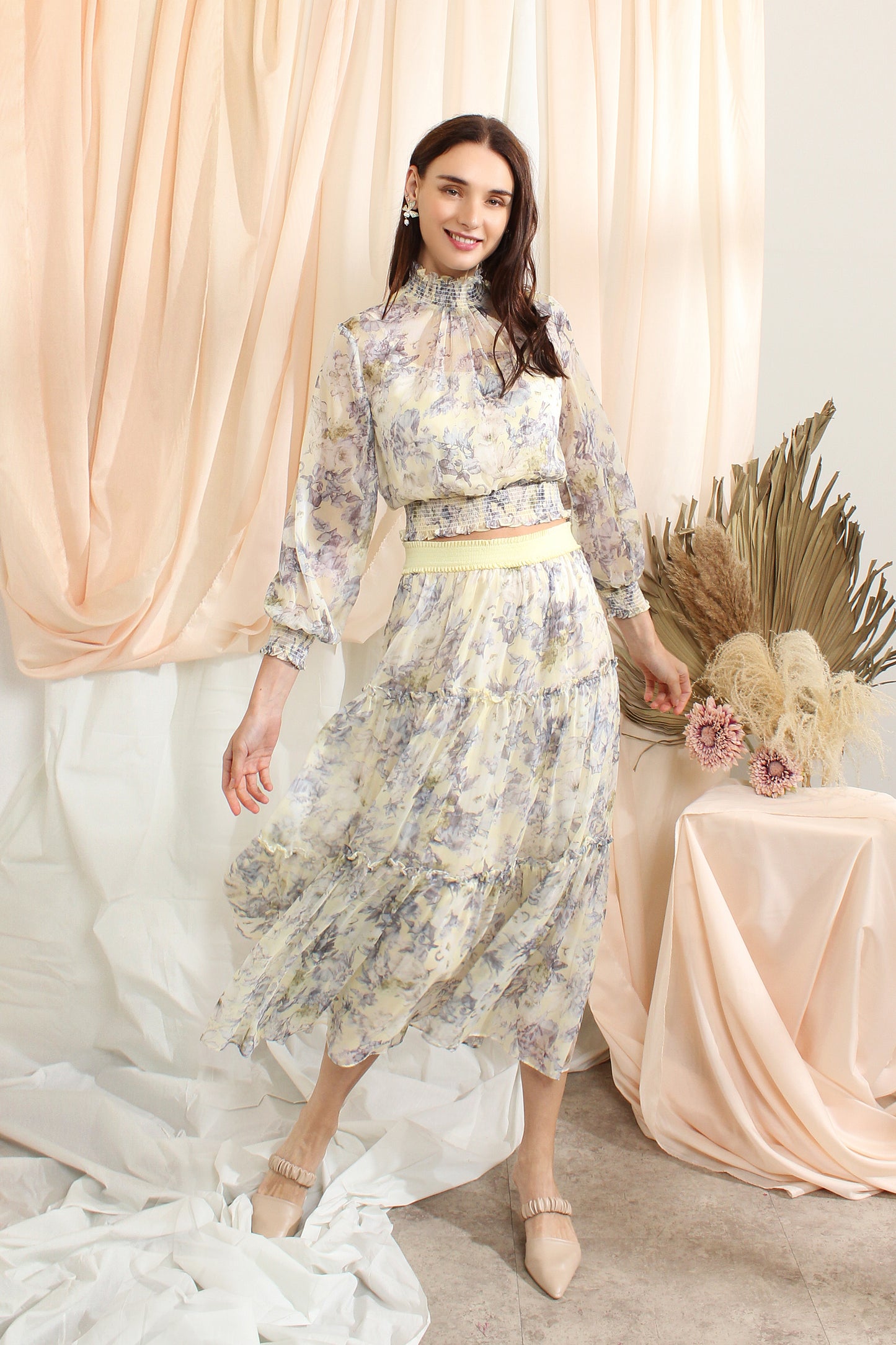 Ruffle Chiffon Sets With Floral Prints