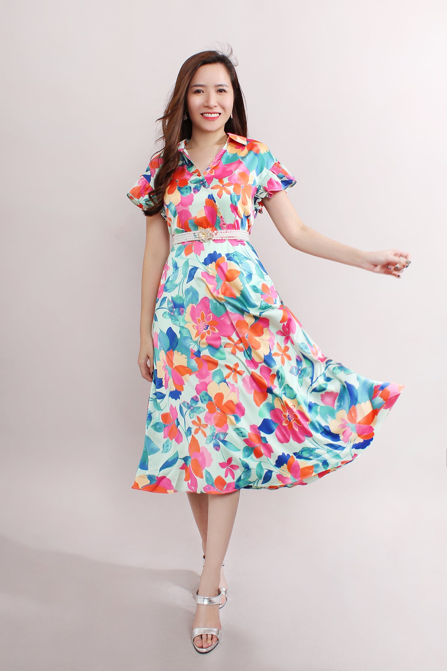 Bright Floral Dress With Ruffled Sleeves
