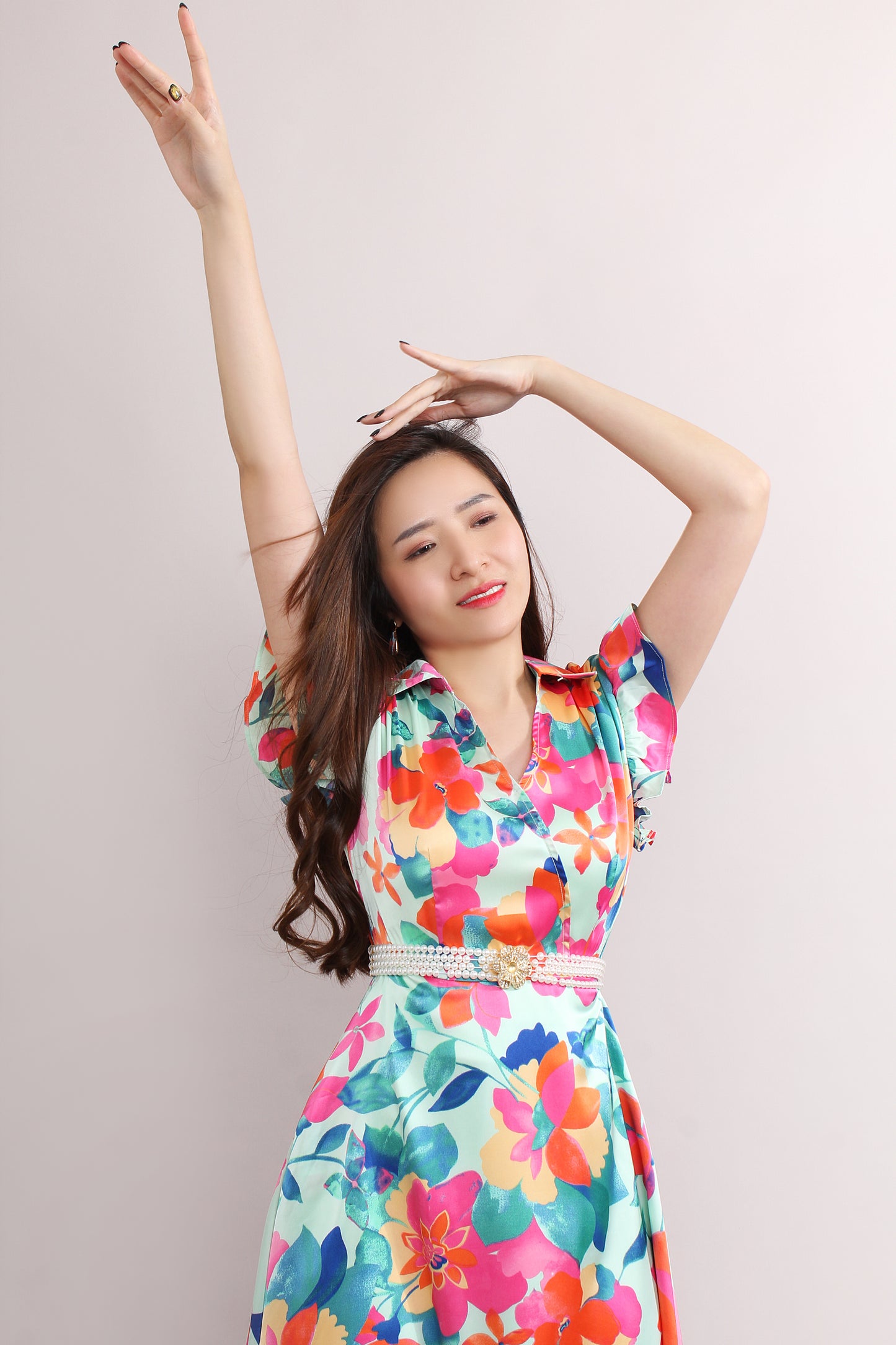 Bright Floral Dress With Ruffled Sleeves
