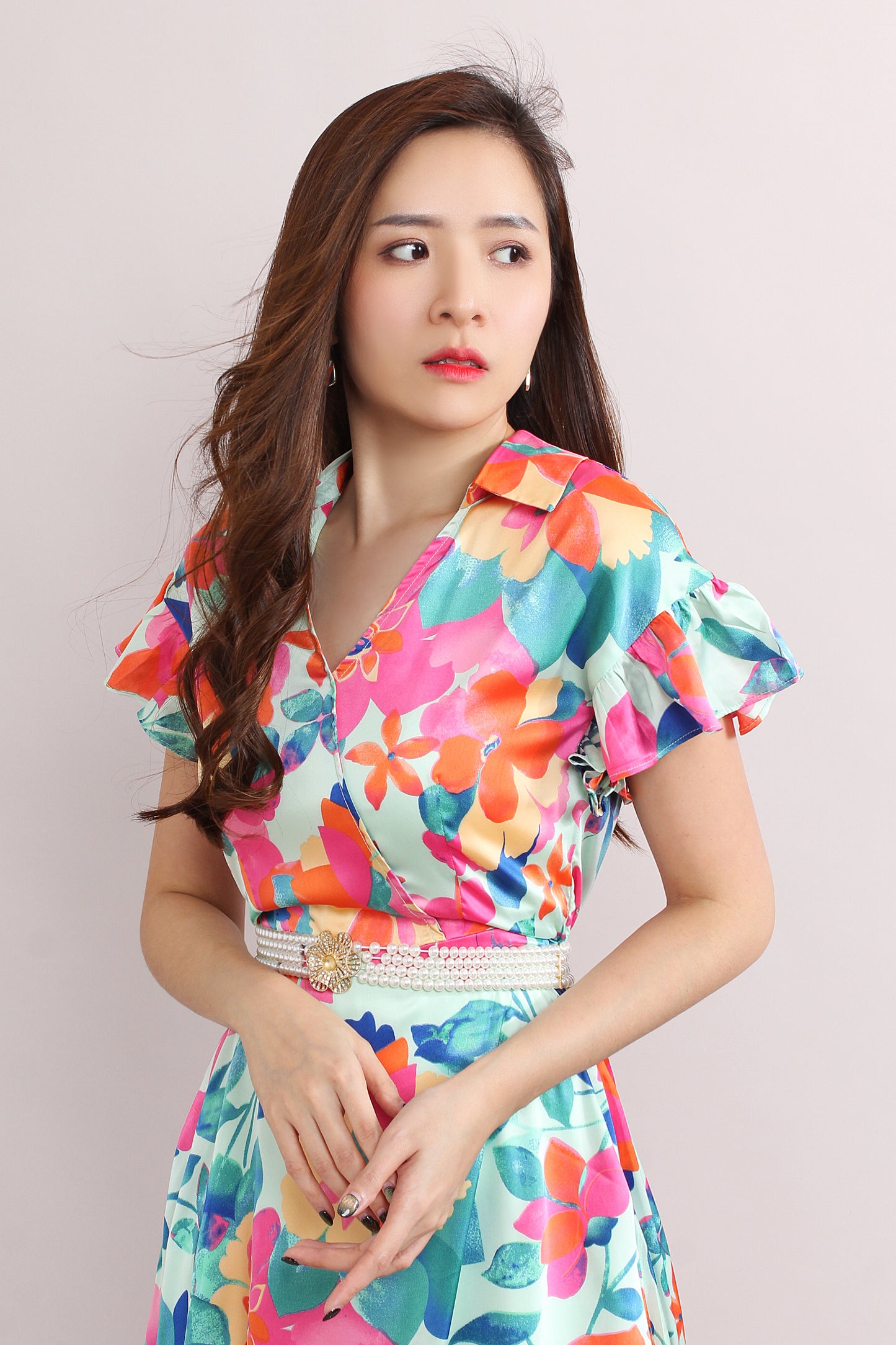 Bright Floral Dress With Ruffled Sleeves