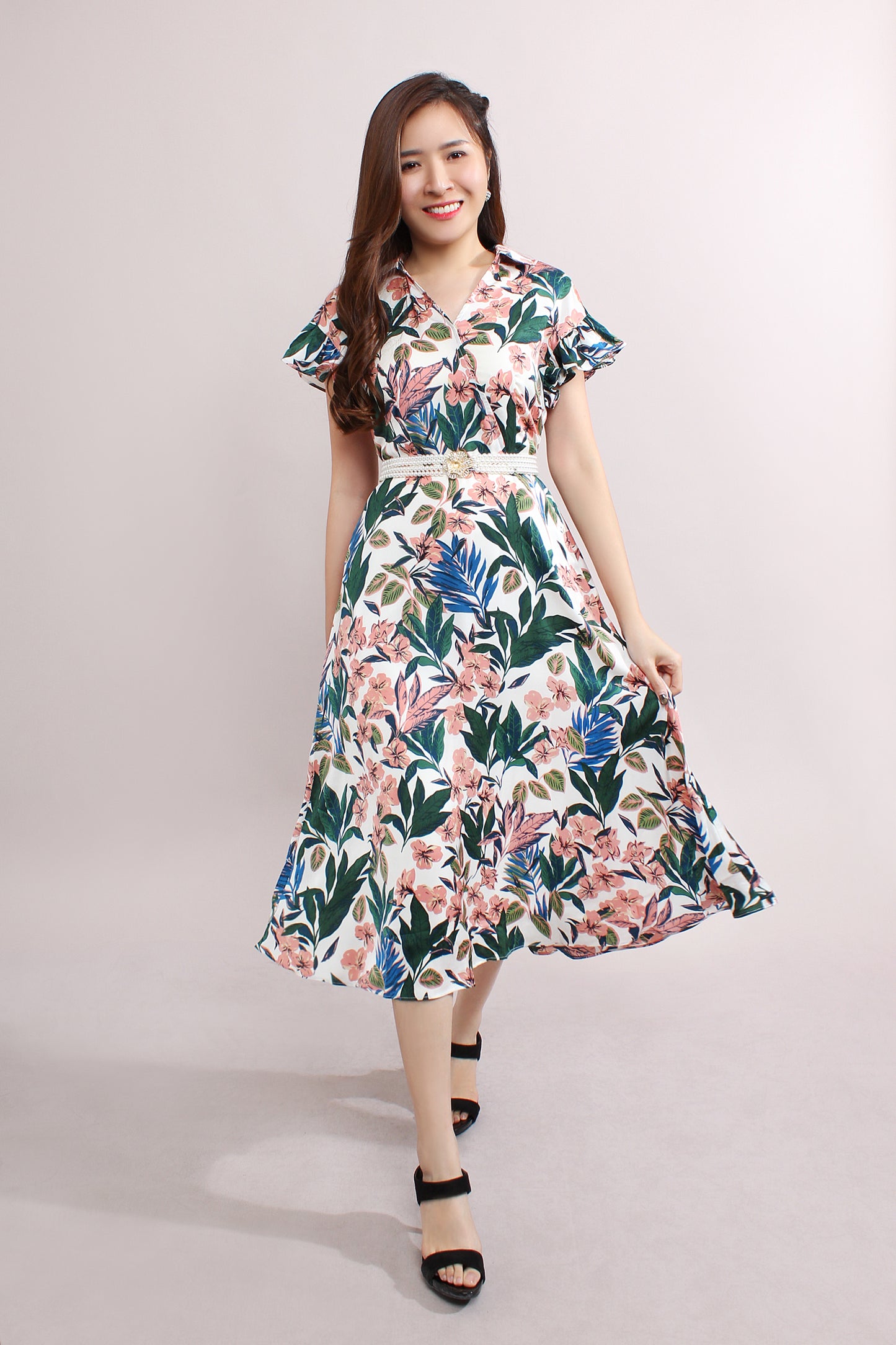 Bright Floral Dress With Ruffled Sleeves