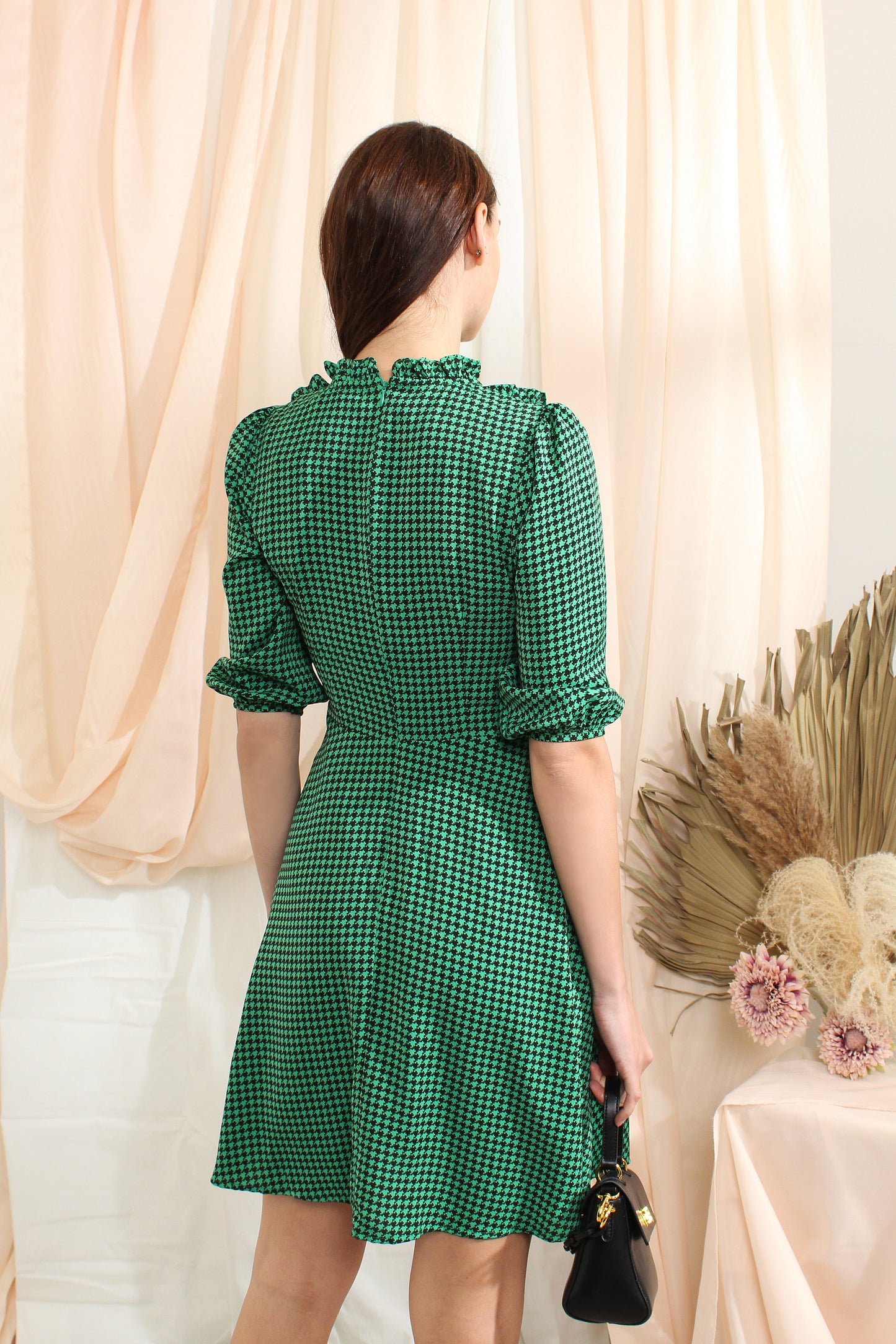 Thea houndstooth layered ruffles knee-length dress