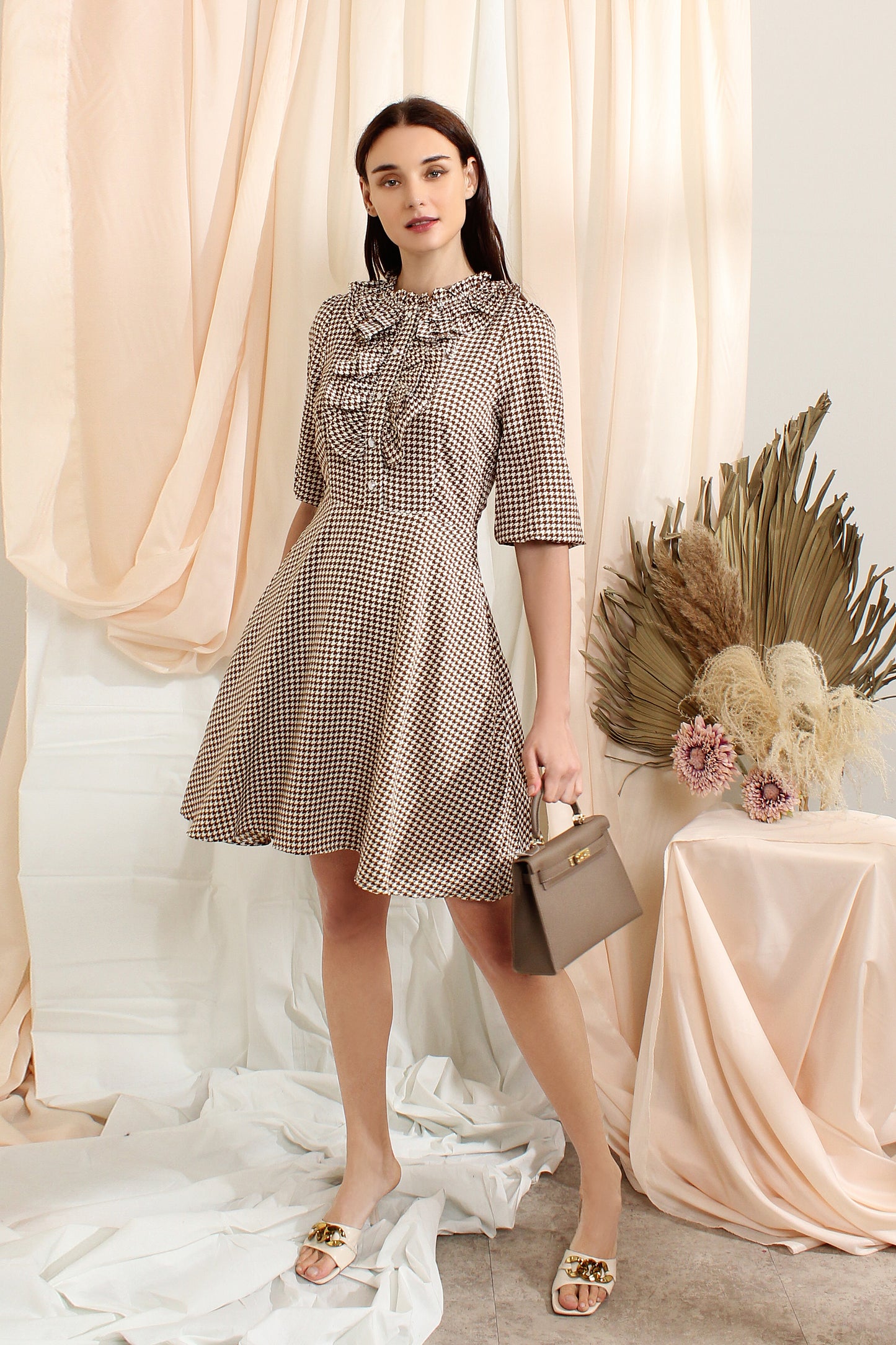 Thea houndstooth layered ruffles knee-length dress