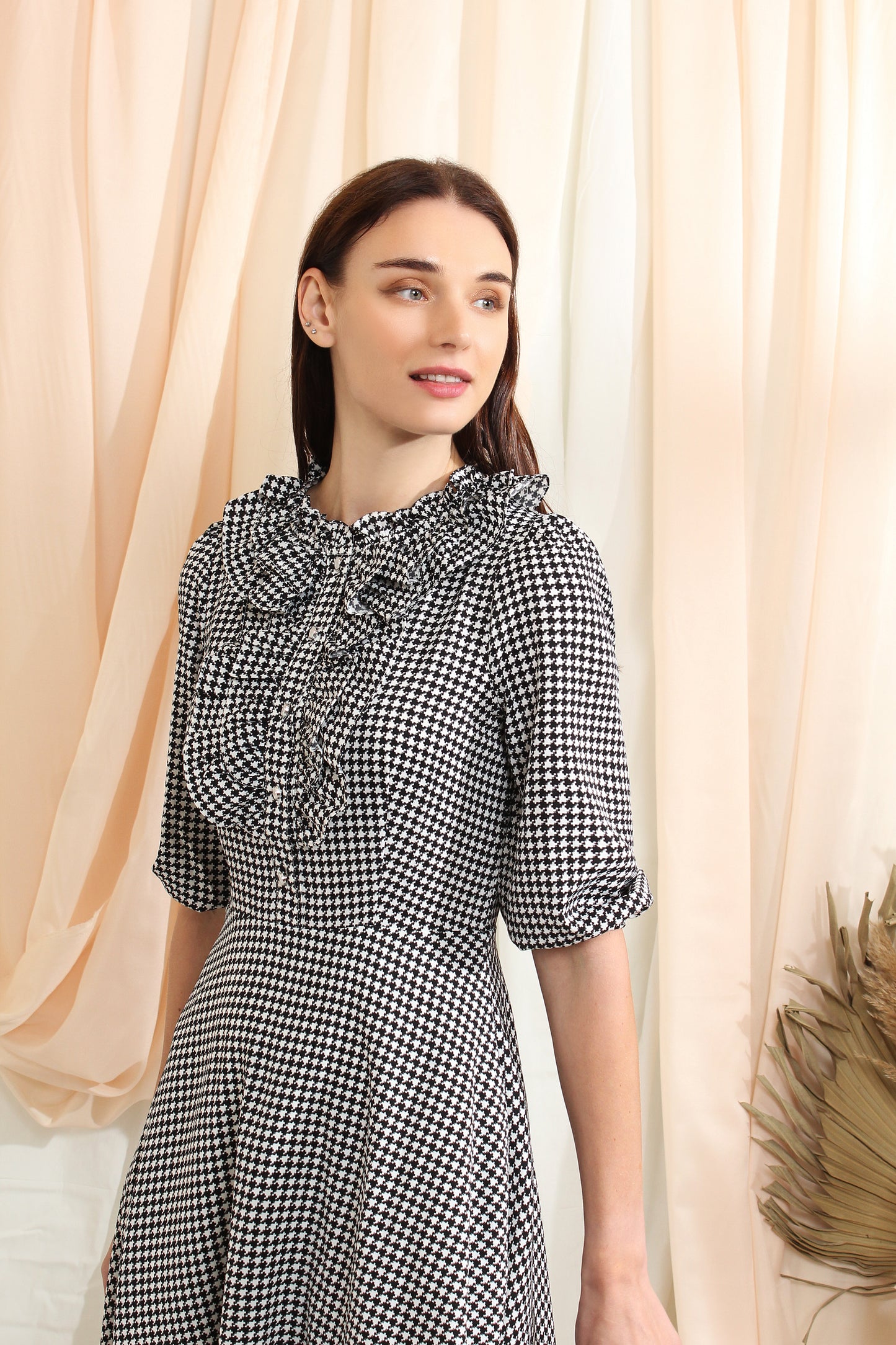 Thea houndstooth layered ruffles knee-length dress