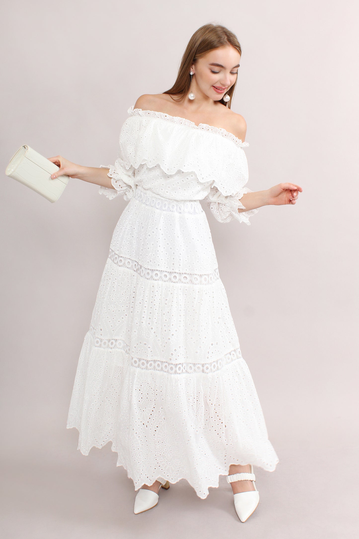 Ruffle Trim Off-Shoulder Lace Dress