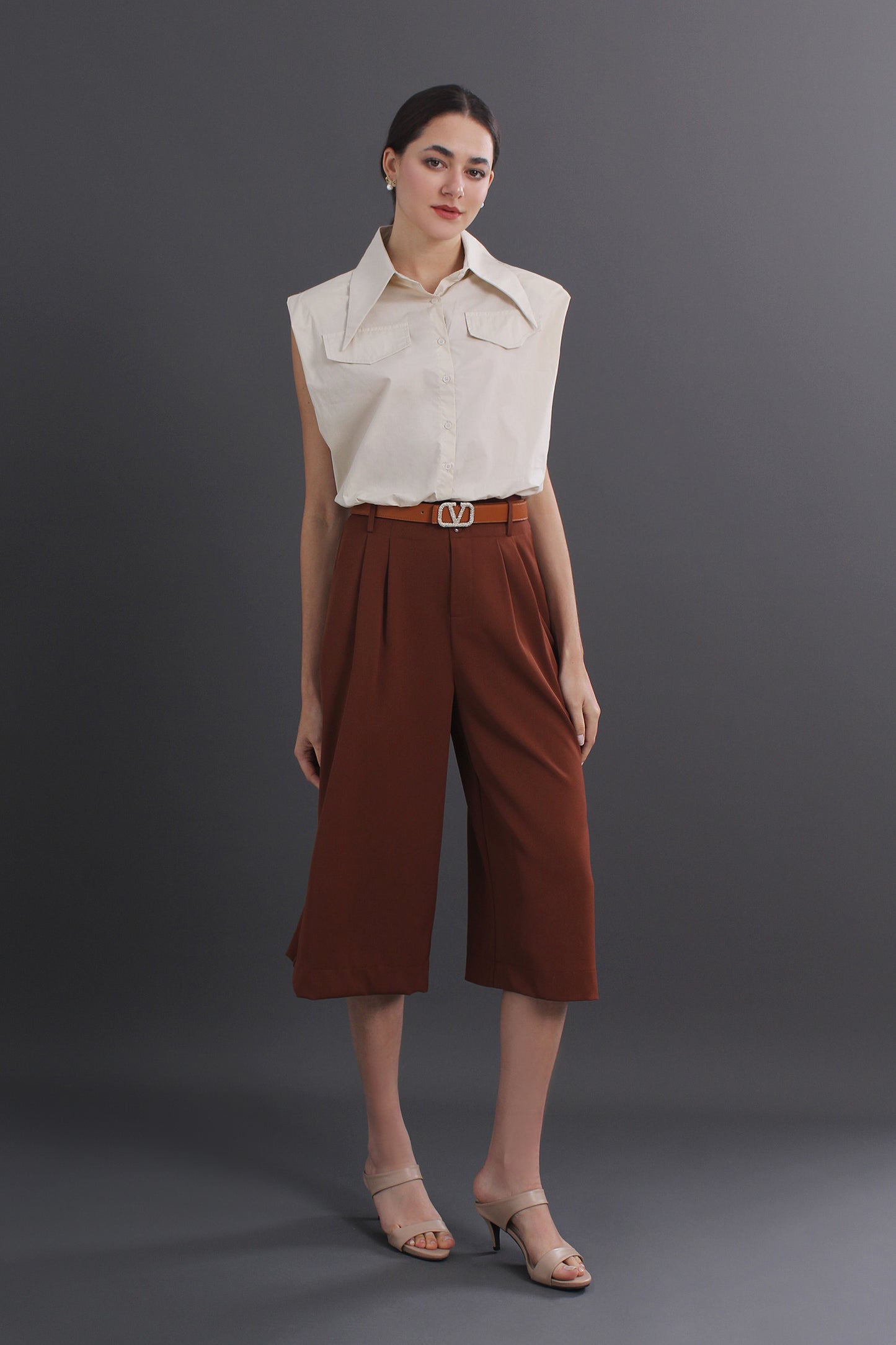 Agatha Plus Size Solid Color Wide-Leg Capri Pants With Pockets