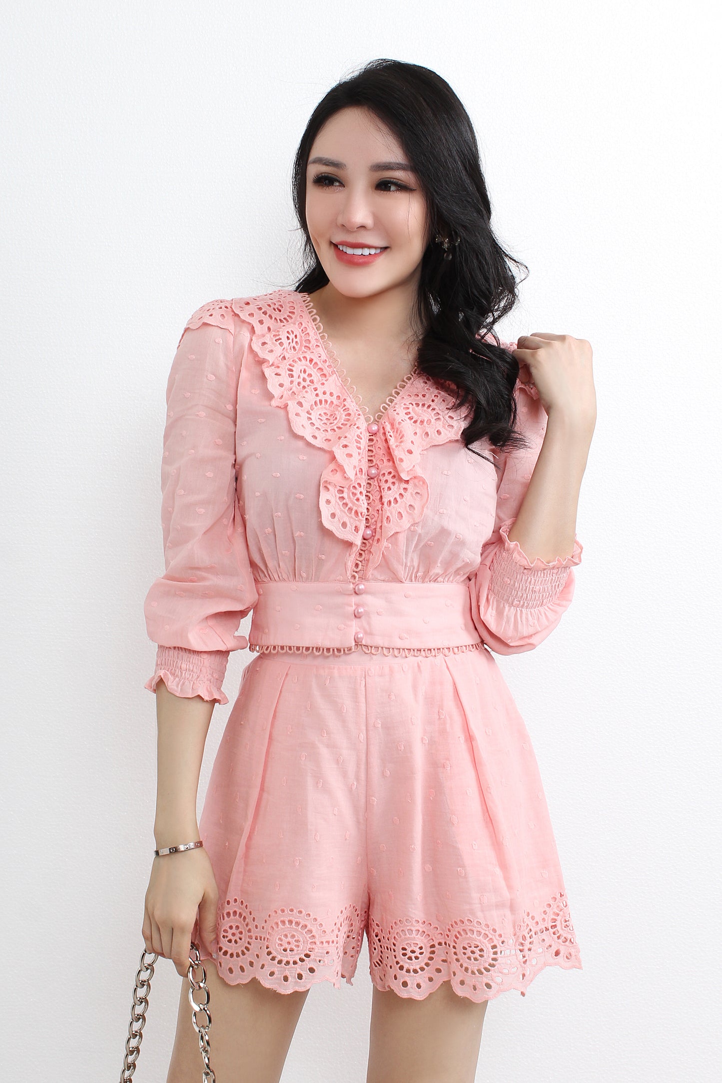 Polka Dots Playsuit With Lace Sets