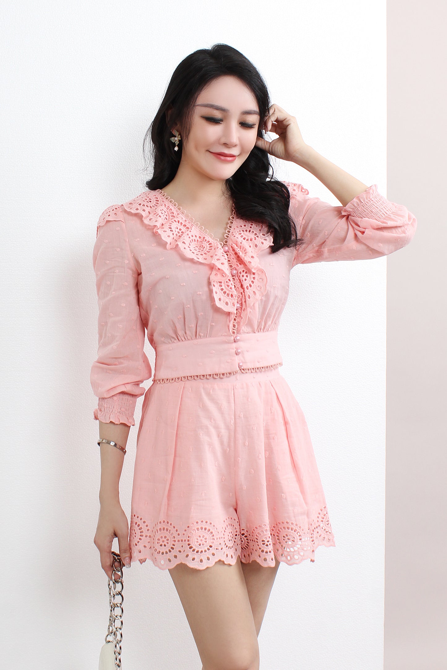 Polka Dots Playsuit With Lace Sets