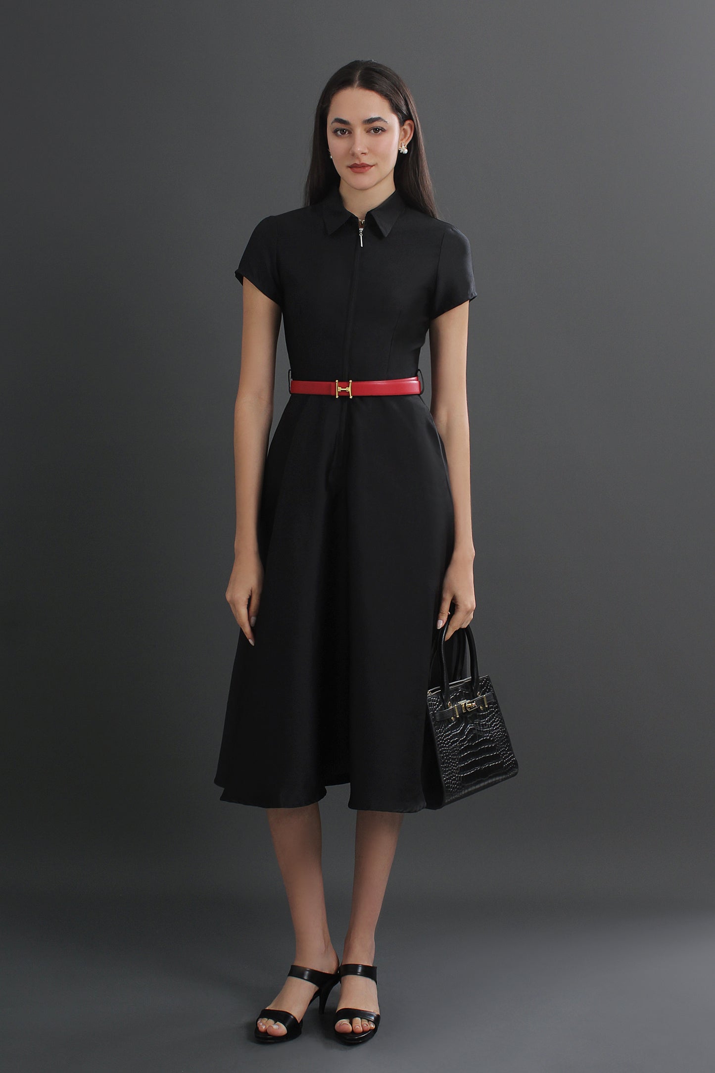 Satin Collar Neck Midi Dress 12470112