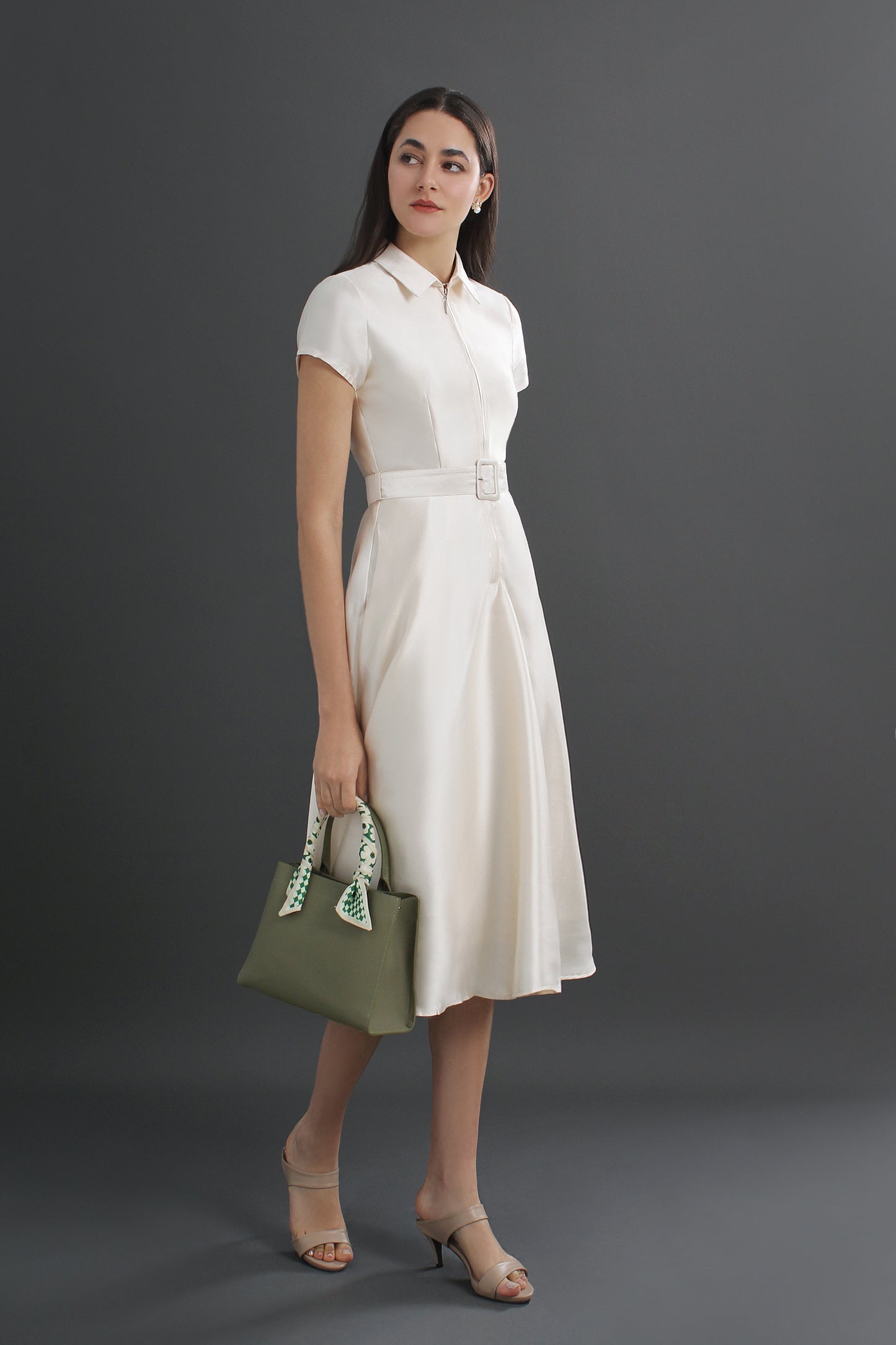Satin Collar Neck Midi Dress 12470112