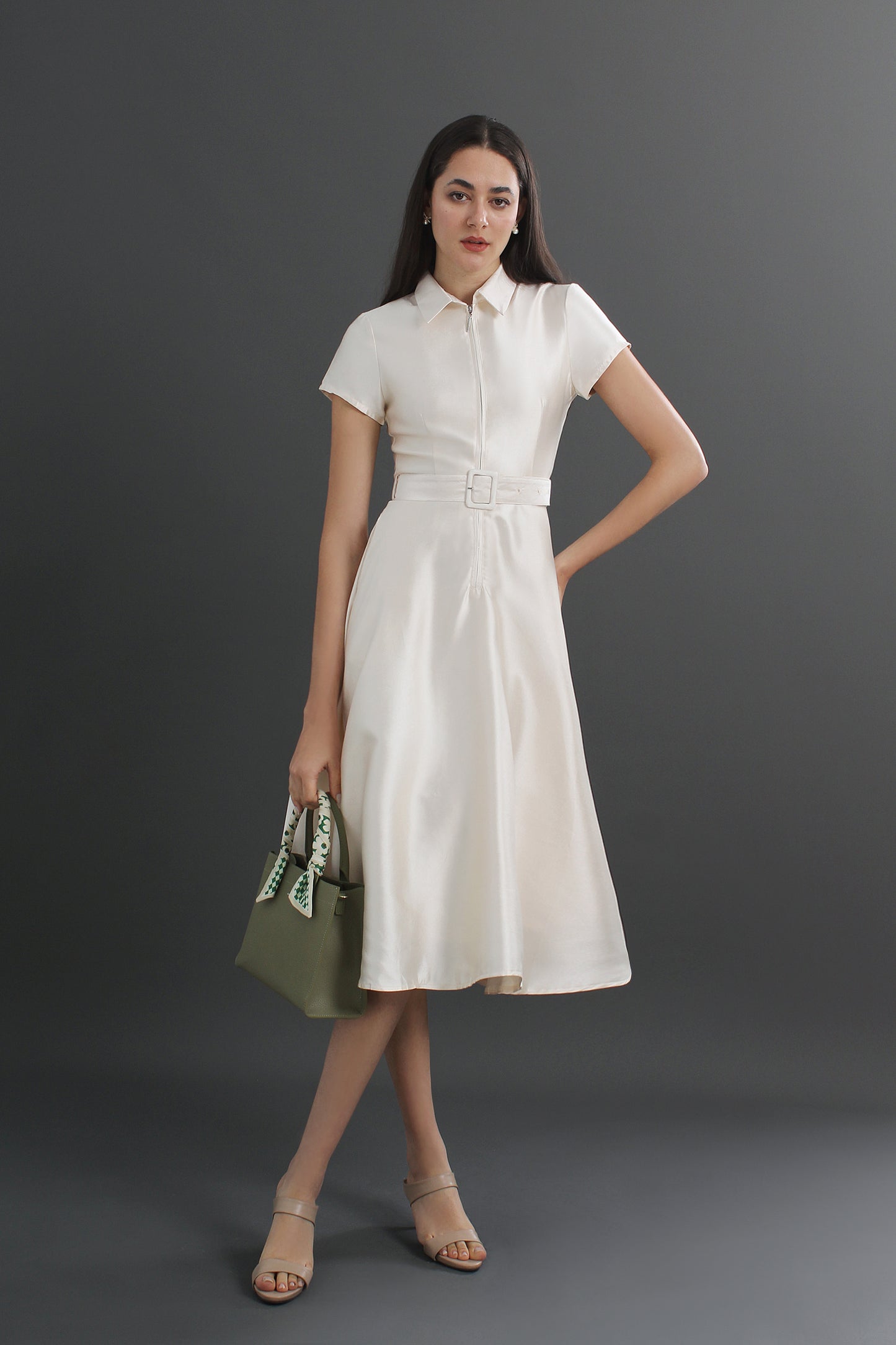 Satin Collar Neck Midi Dress 12470112