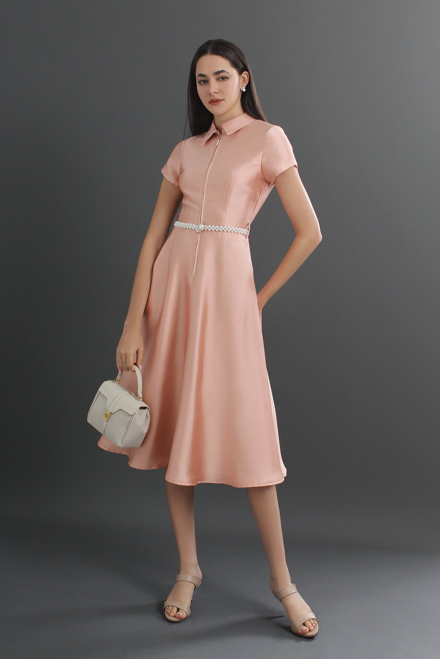 Satin Collar Neck Midi Dress 12470112