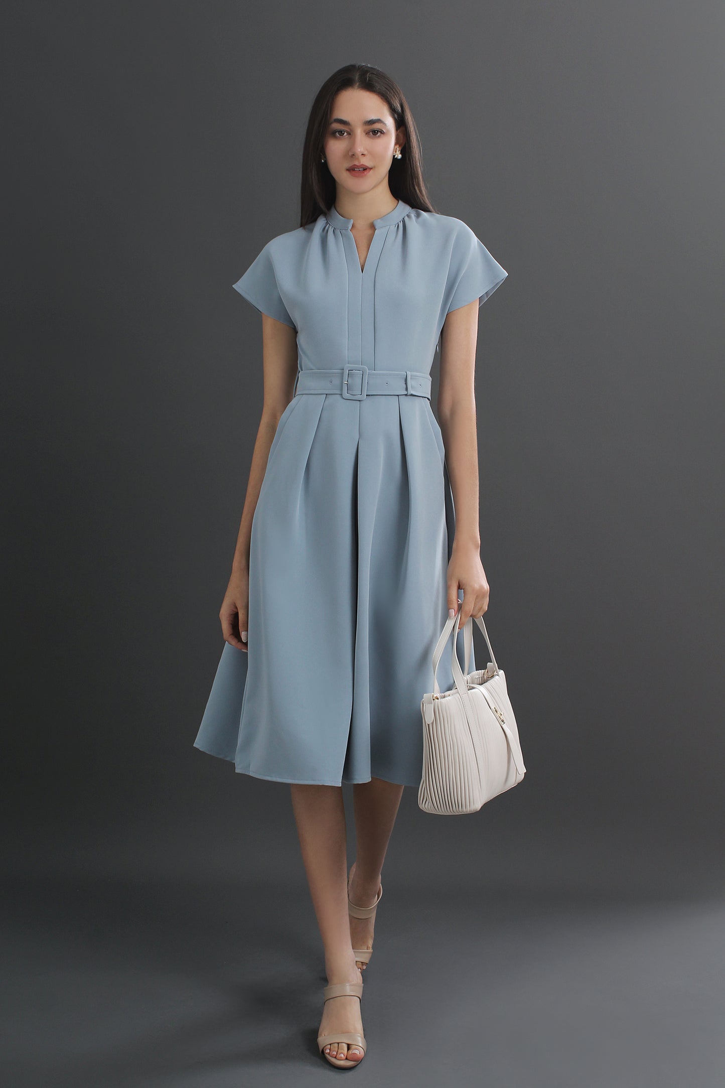 Charlotte V-neck Belted Cap Sleeve Midi Dress