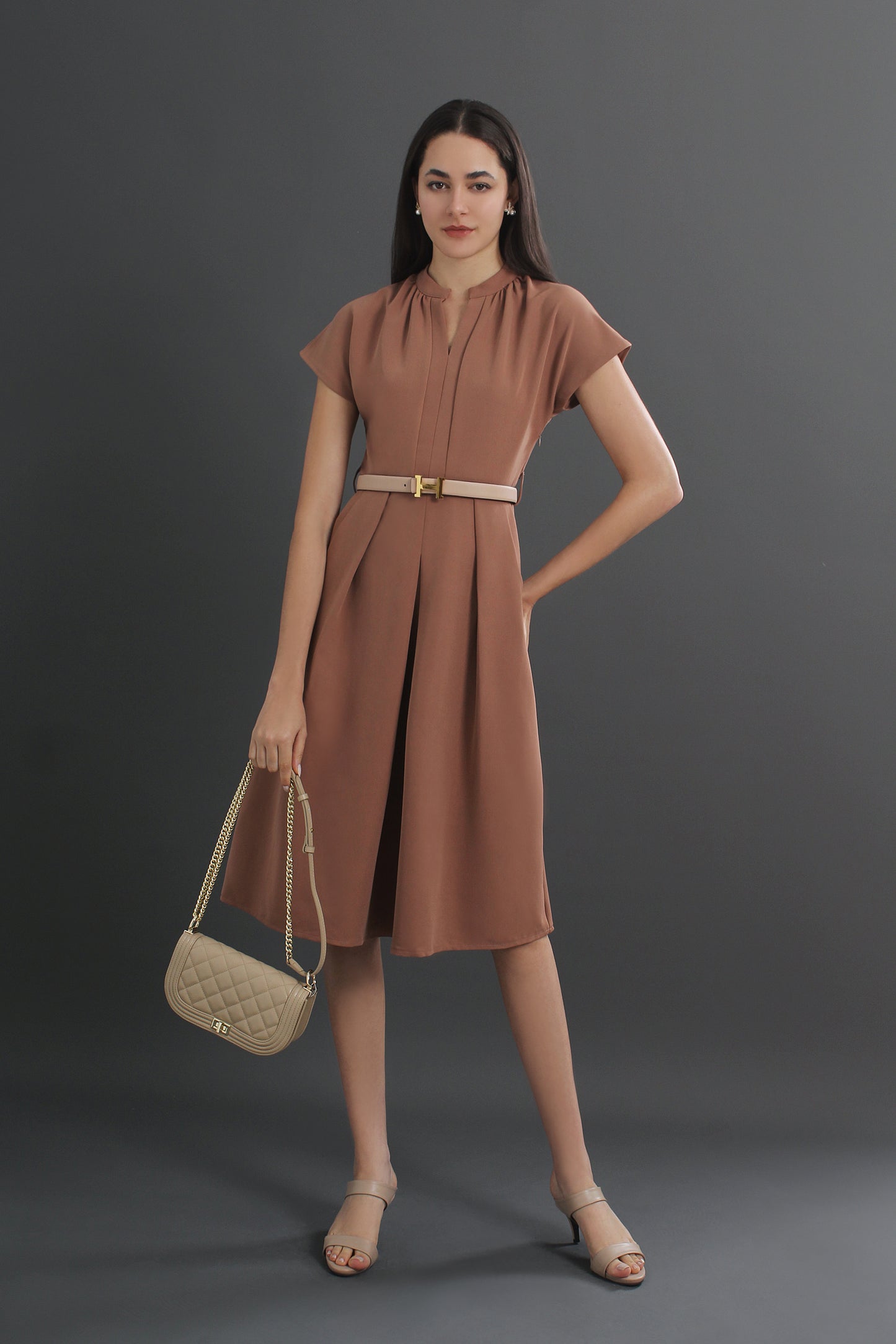 Charlotte V-neck Belted Cap Sleeve Midi Dress