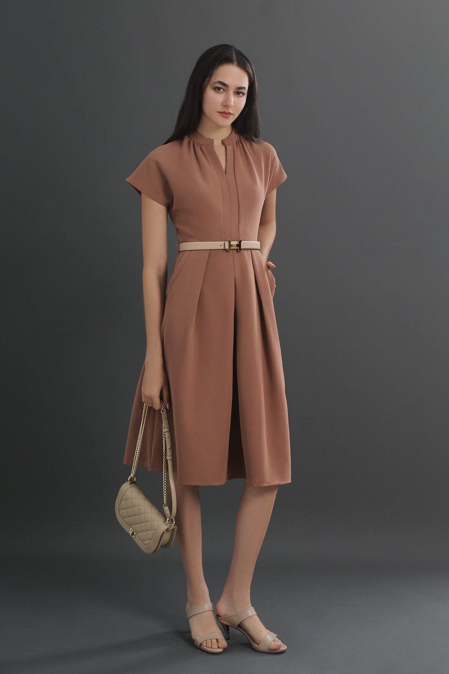 Charlotte V-neck Belted Cap Sleeve Midi Dress