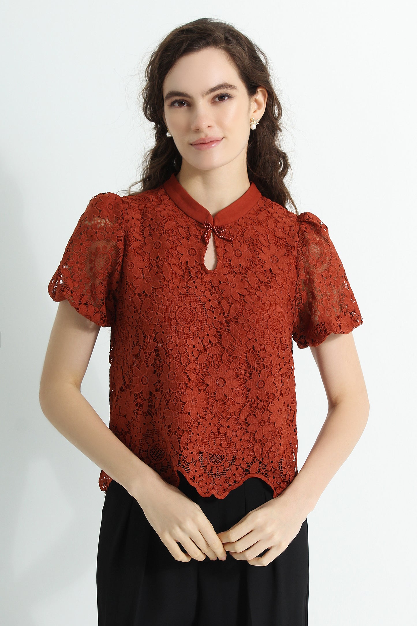 Floral Vintage Lace Keyhole Cheongsam Loose Blouse