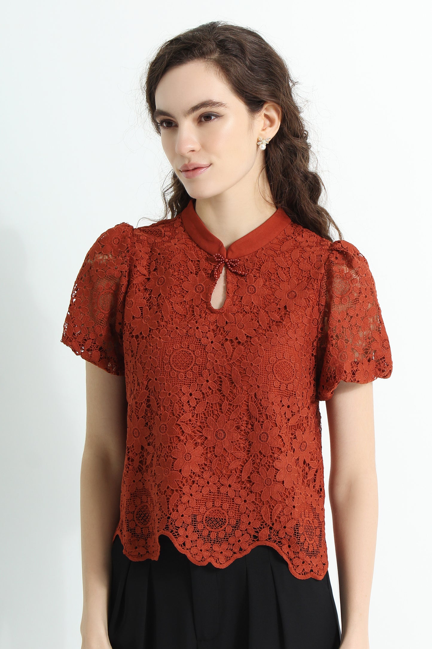 Floral Vintage Lace Keyhole Cheongsam Loose Blouse