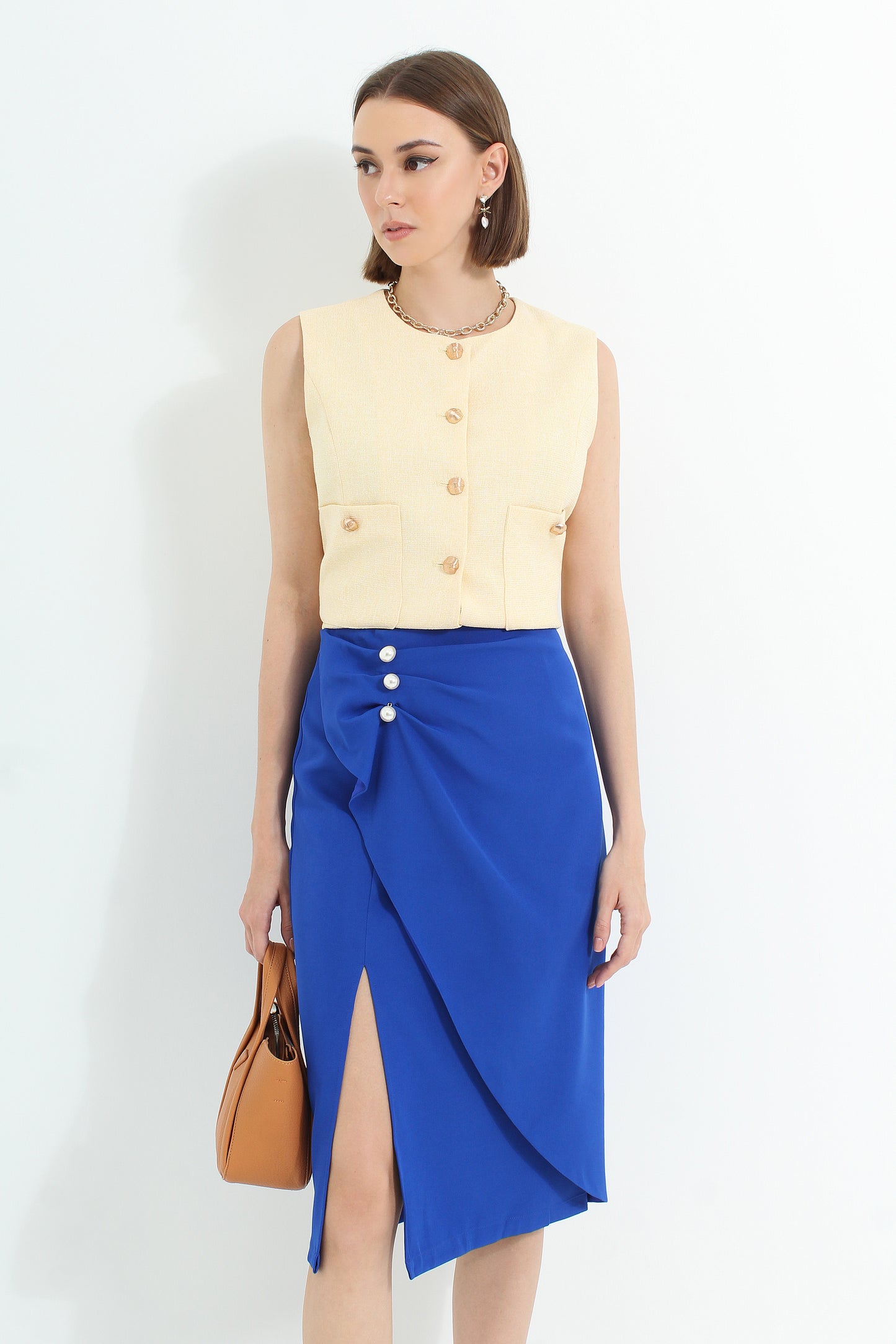 Alannis Asymmetrical Draped Skirt with Pearls