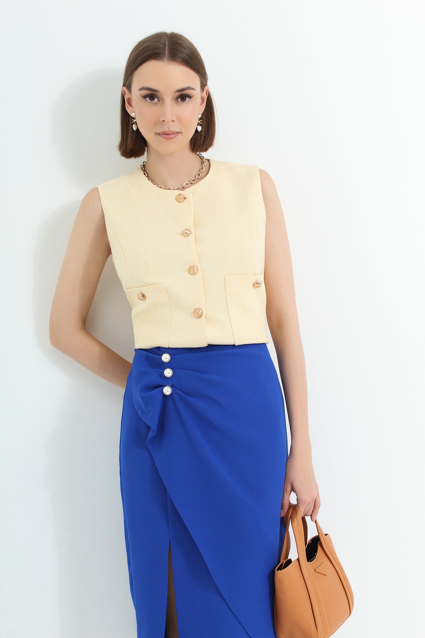 Alannis Asymmetrical Draped Skirt with Pearls