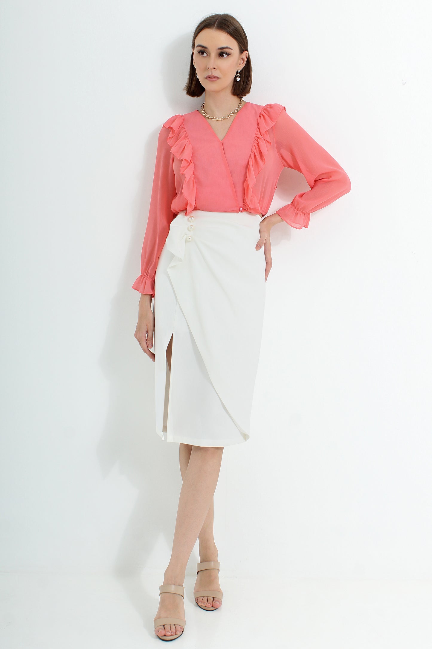 Alannis Asymmetrical Draped Skirt with Pearls
