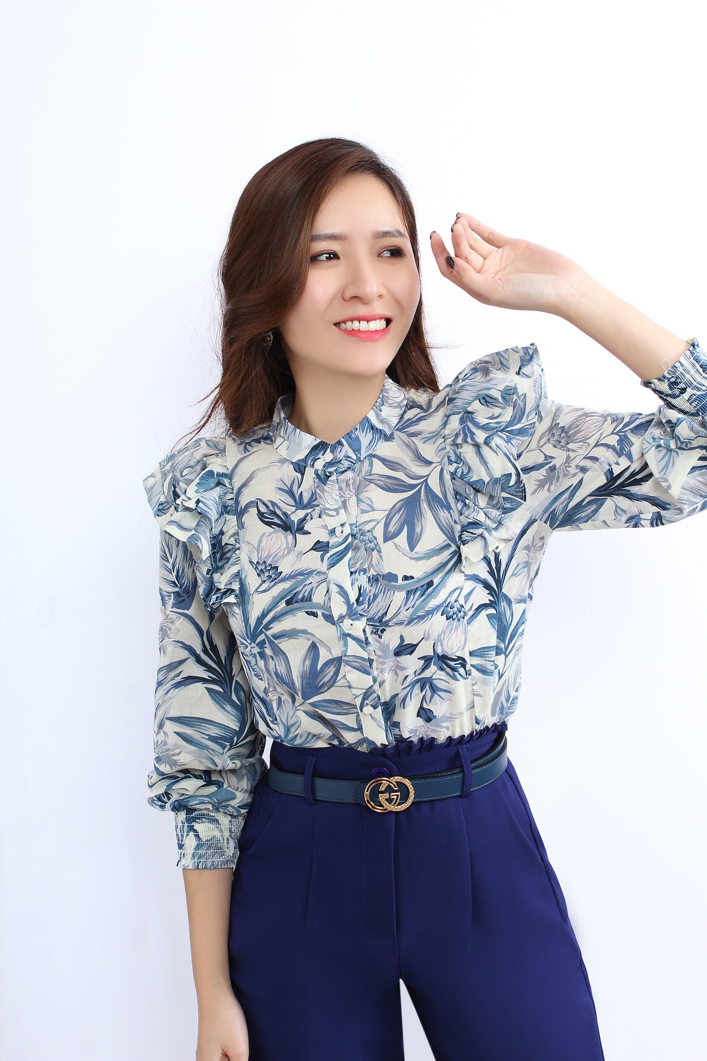 Nora Ruffled Shoulder Blouse In Flora Prints