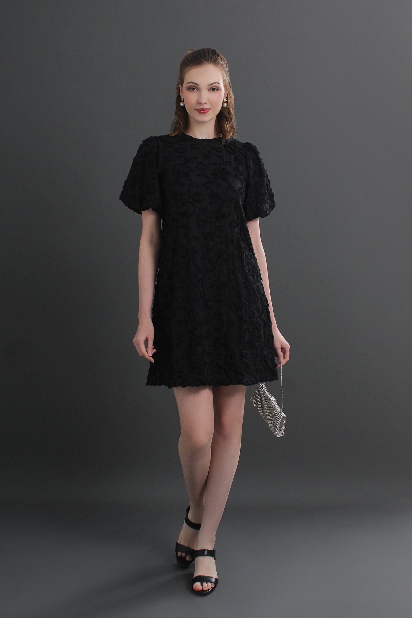 Roselle Puff Sleeve 3D Textured Floral Mini Dress