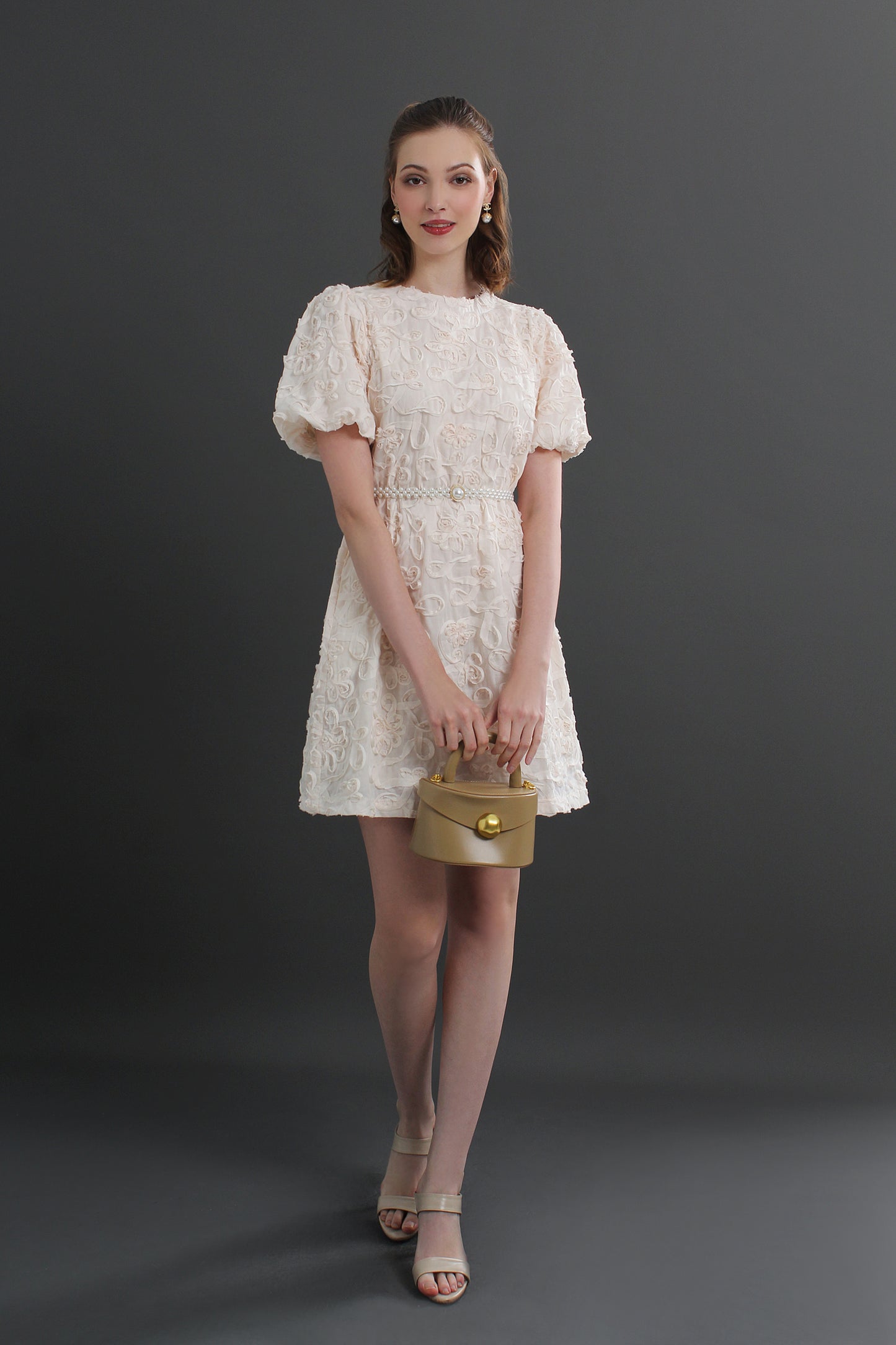Roselle Puff Sleeve 3D Textured Floral Mini Dress