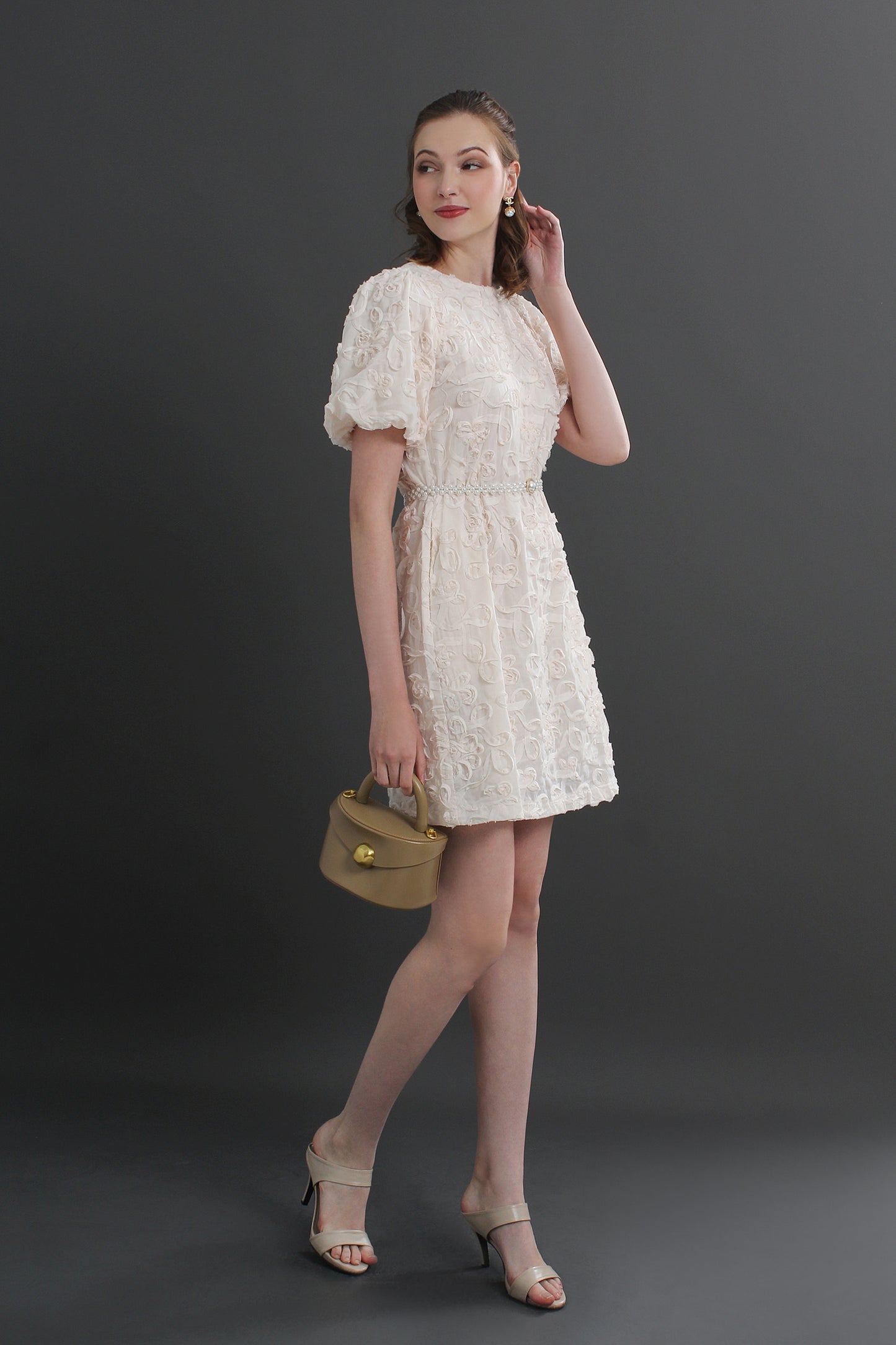 Roselle Puff Sleeve 3D Textured Floral Mini Dress