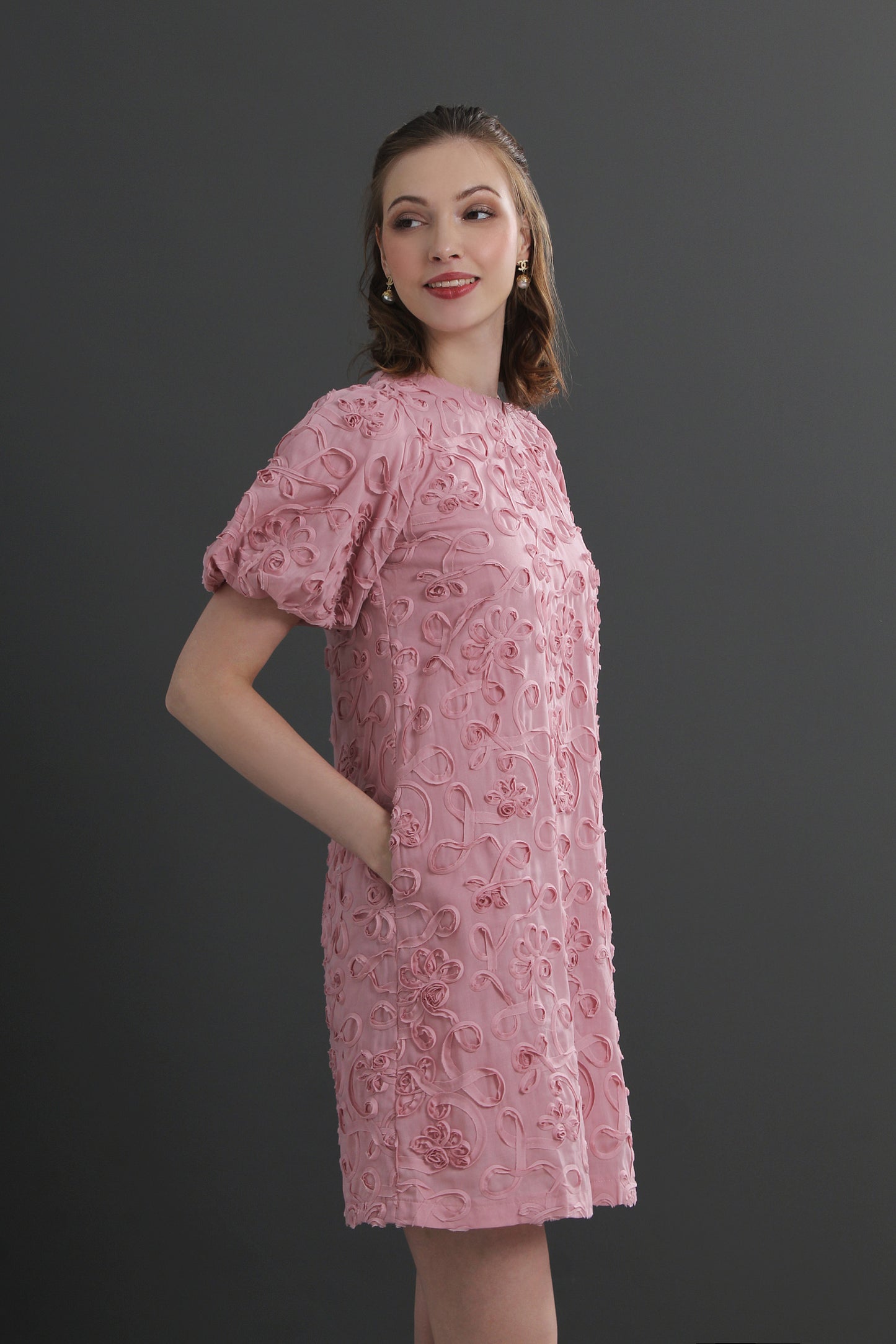 Roselle Puff Sleeve 3D Textured Floral Mini Dress