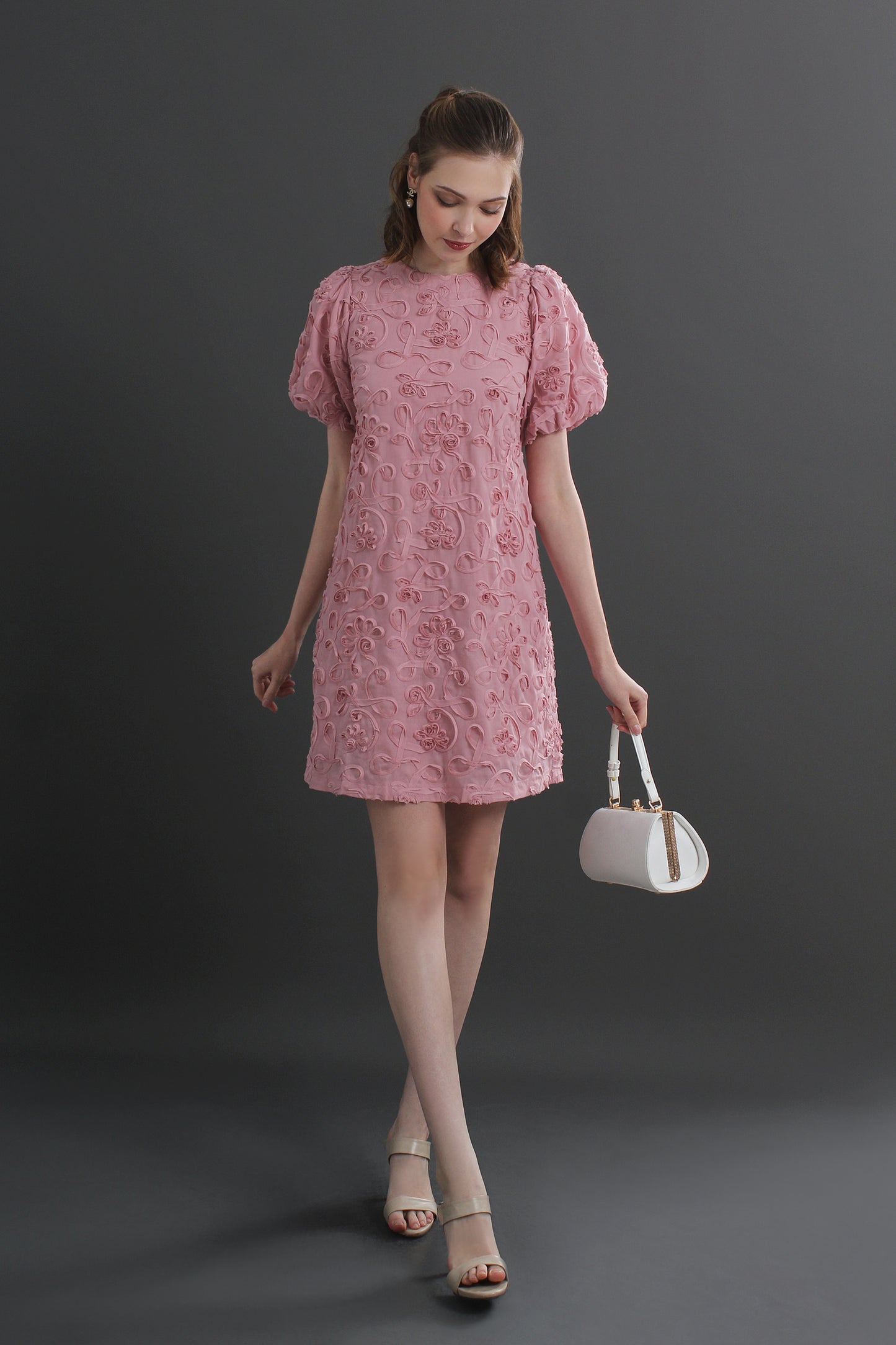 Roselle Puff Sleeve 3D Textured Floral Mini Dress