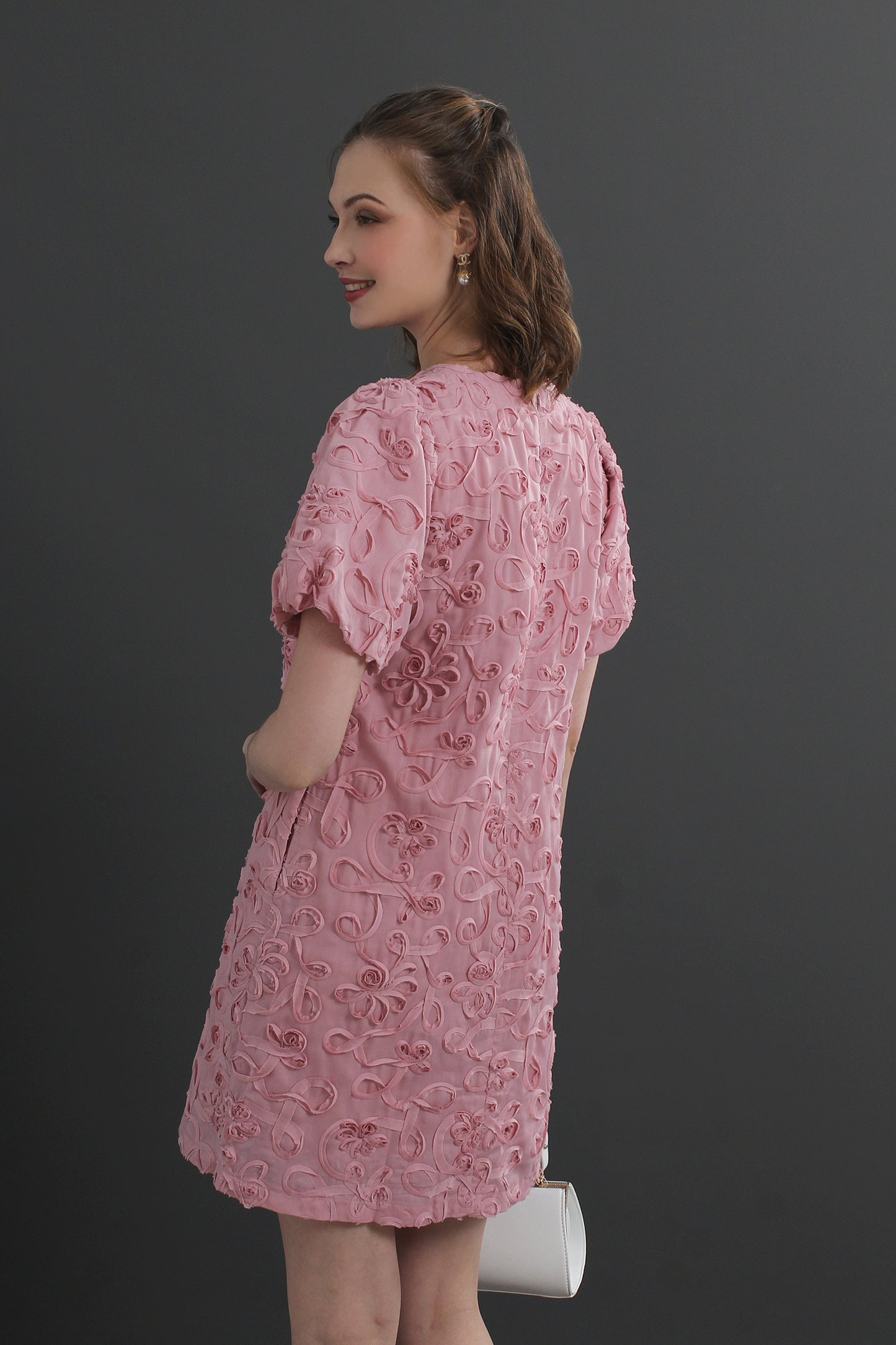 Roselle Puff Sleeve 3D Textured Floral Mini Dress