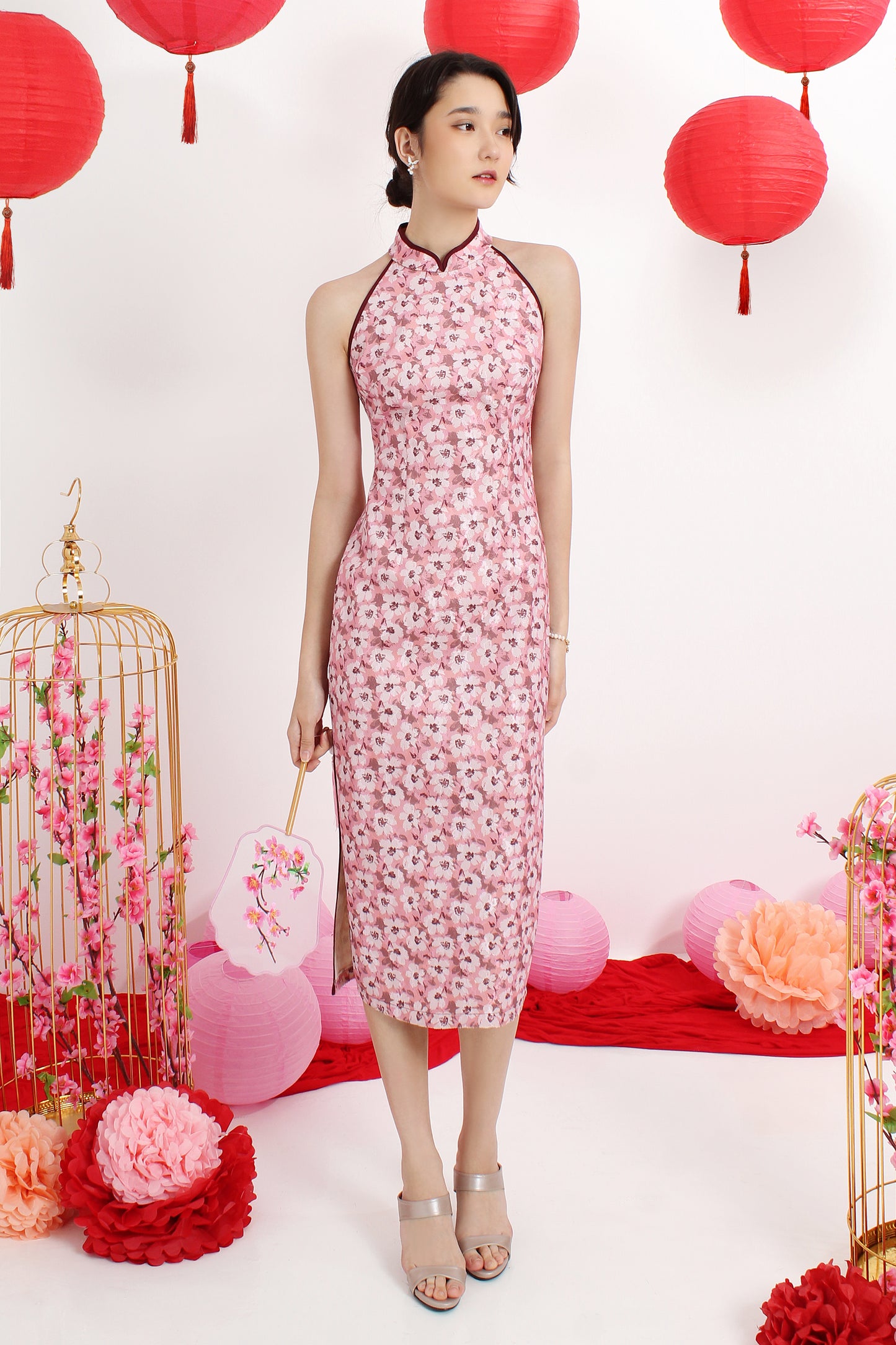 Halter Neck Floral Cheongsam Dress