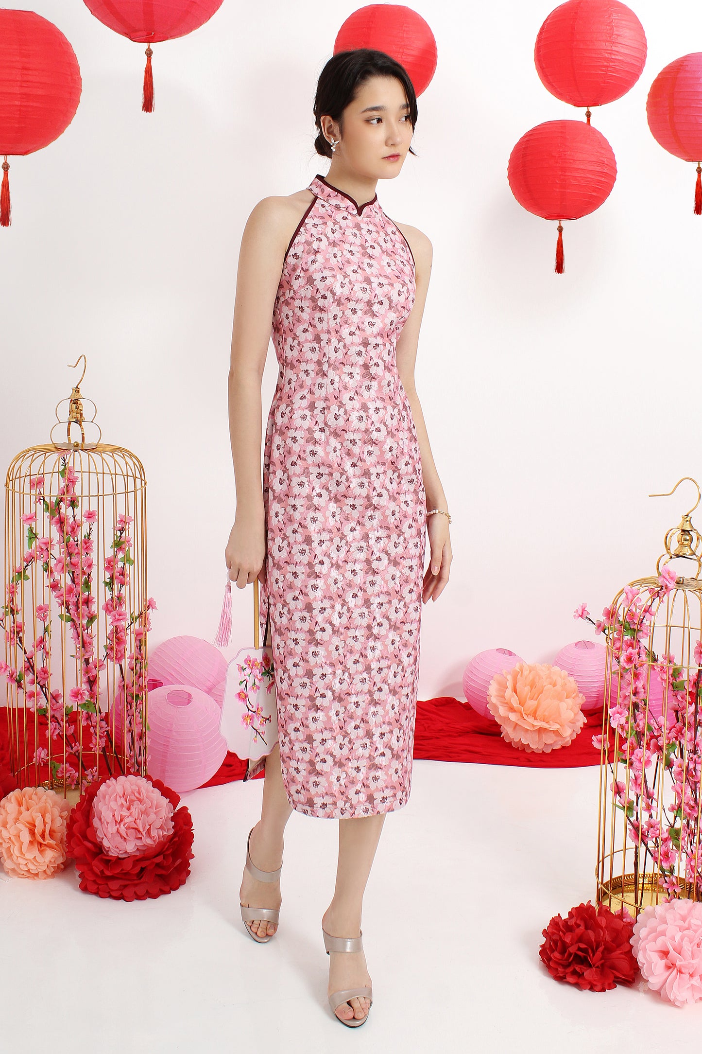 Halter Neck Floral Cheongsam Dress