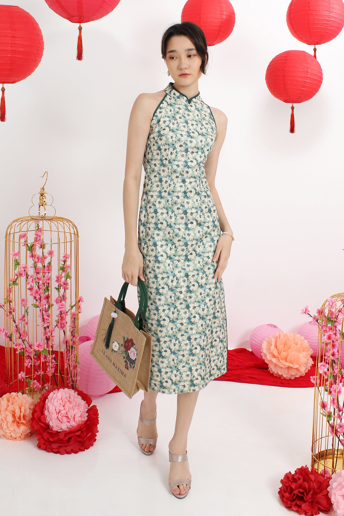 Halter Neck Floral Cheongsam Dress
