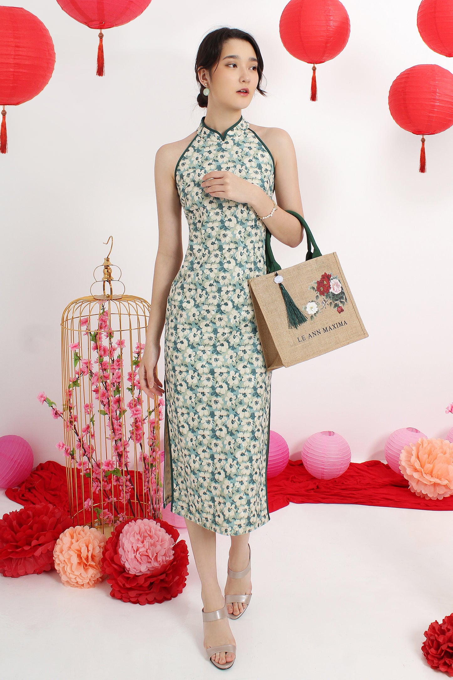 Halter Neck Floral Cheongsam Dress