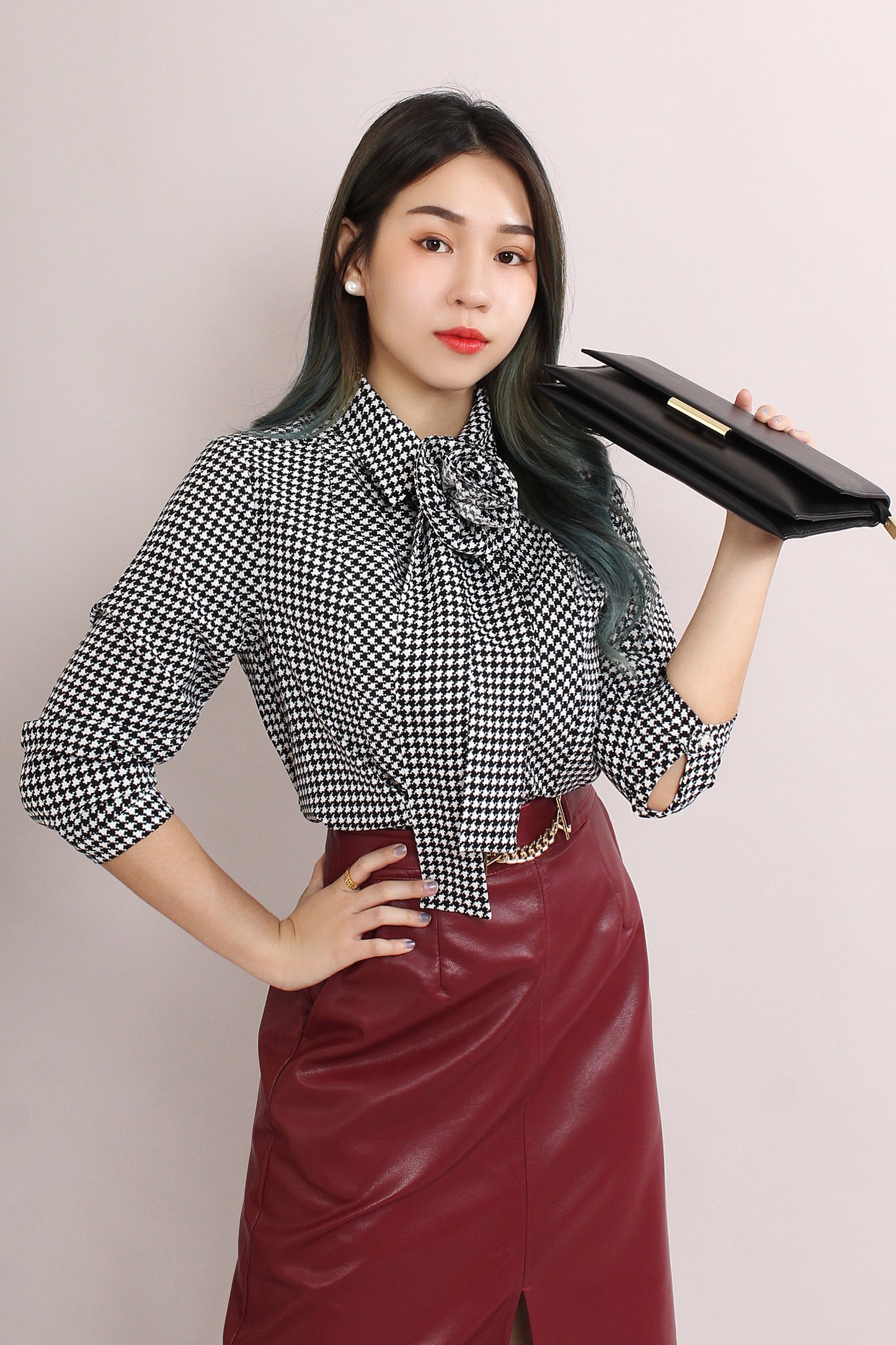 Azula Houndstooth Shirt With Detachable Rose & Scarf