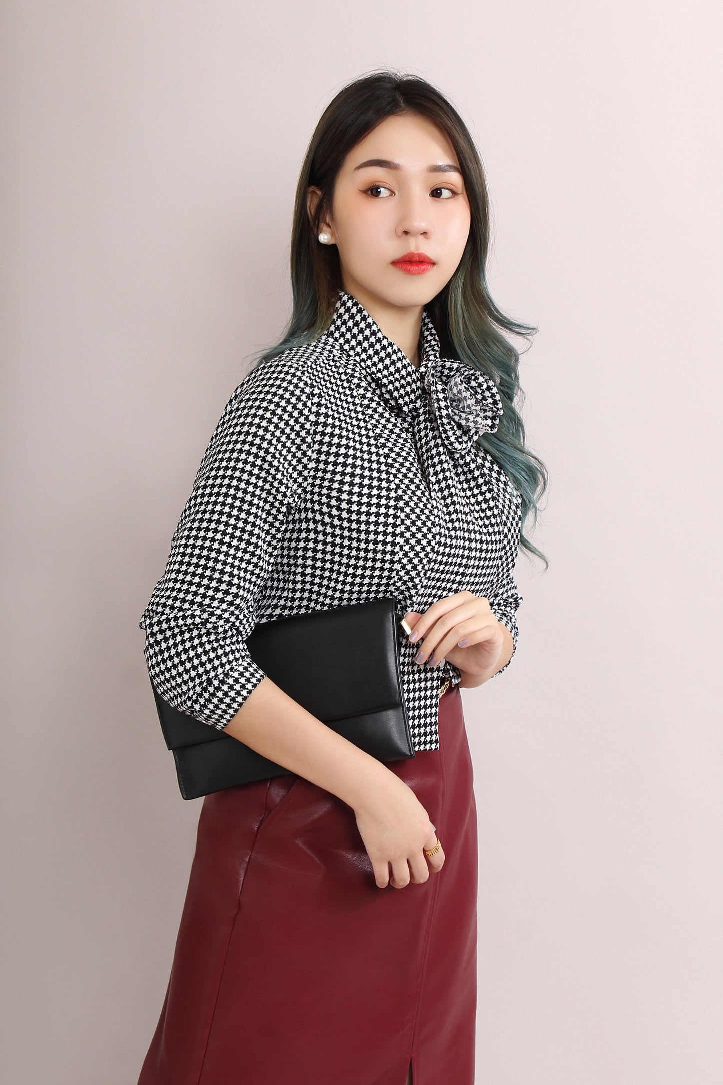 Azula Houndstooth Shirt With Detachable Rose & Scarf