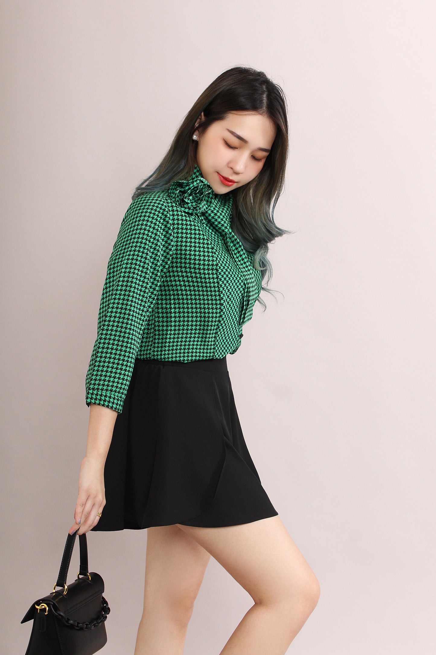 Azula Houndstooth Shirt With Detachable Rose & Scarf