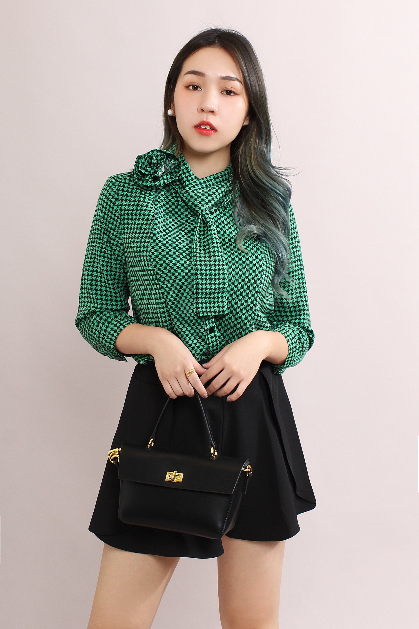 Azula Houndstooth Shirt With Detachable Rose & Scarf